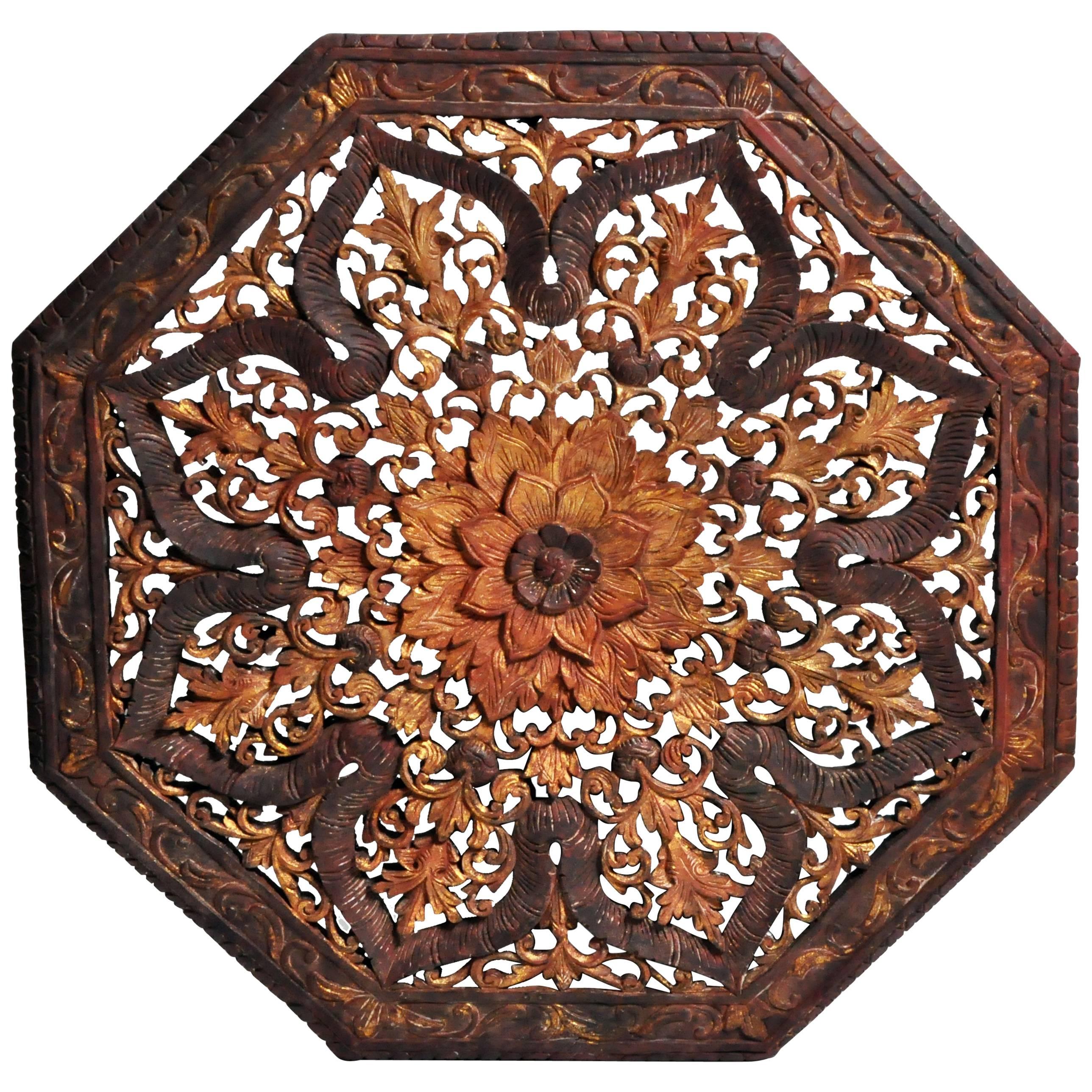 Octagonal Southeast Asian Carved Flower Panel