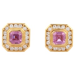 Octagonal Step Cut Diamond Studs with Cushion Cut Pink Sapphire in 18K Gold