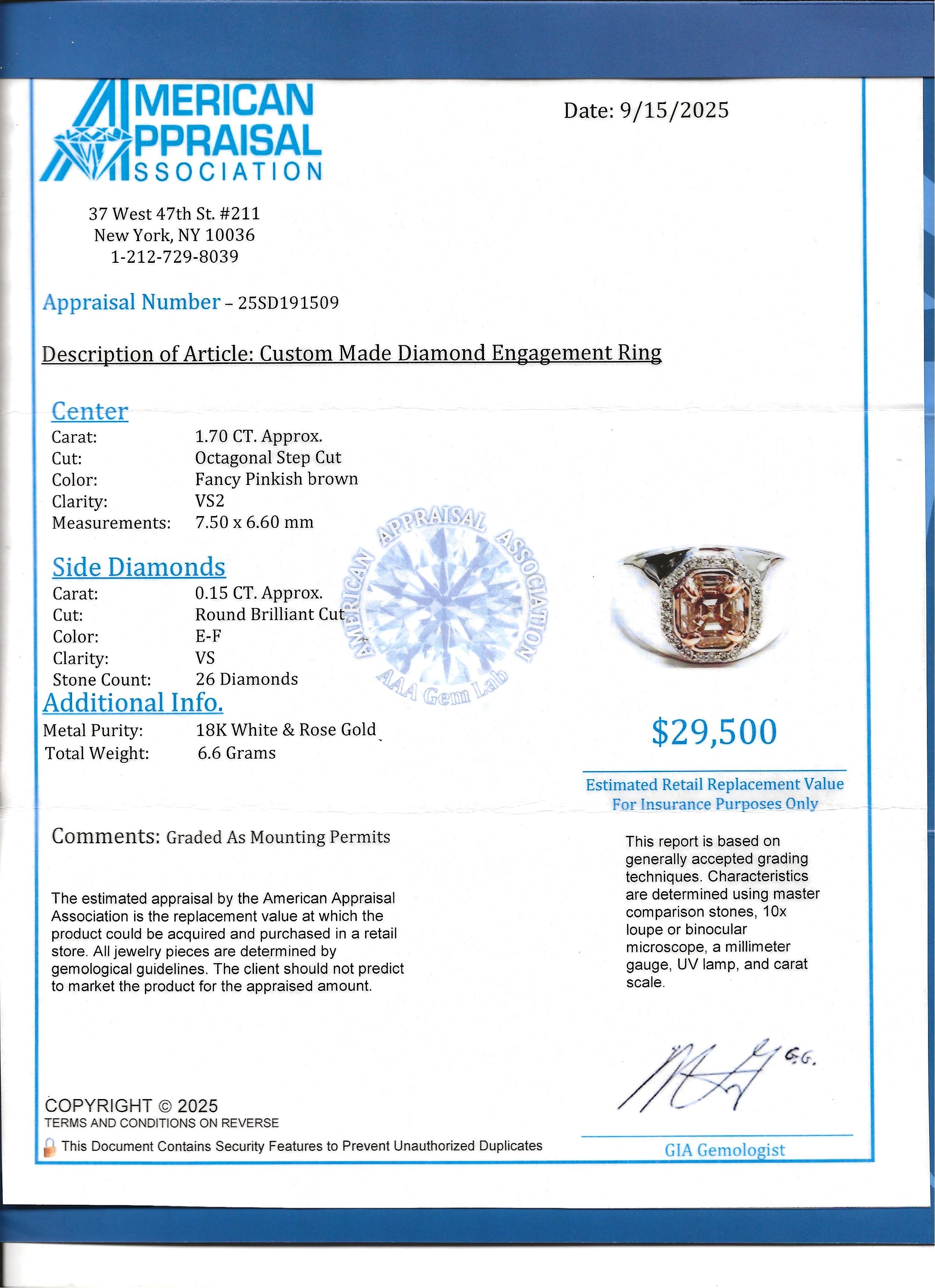 Achteckiger Diamantring mit Stufenschliff, rosa-braun, mit Halo aus 18 Karat Gold im Angebot 5