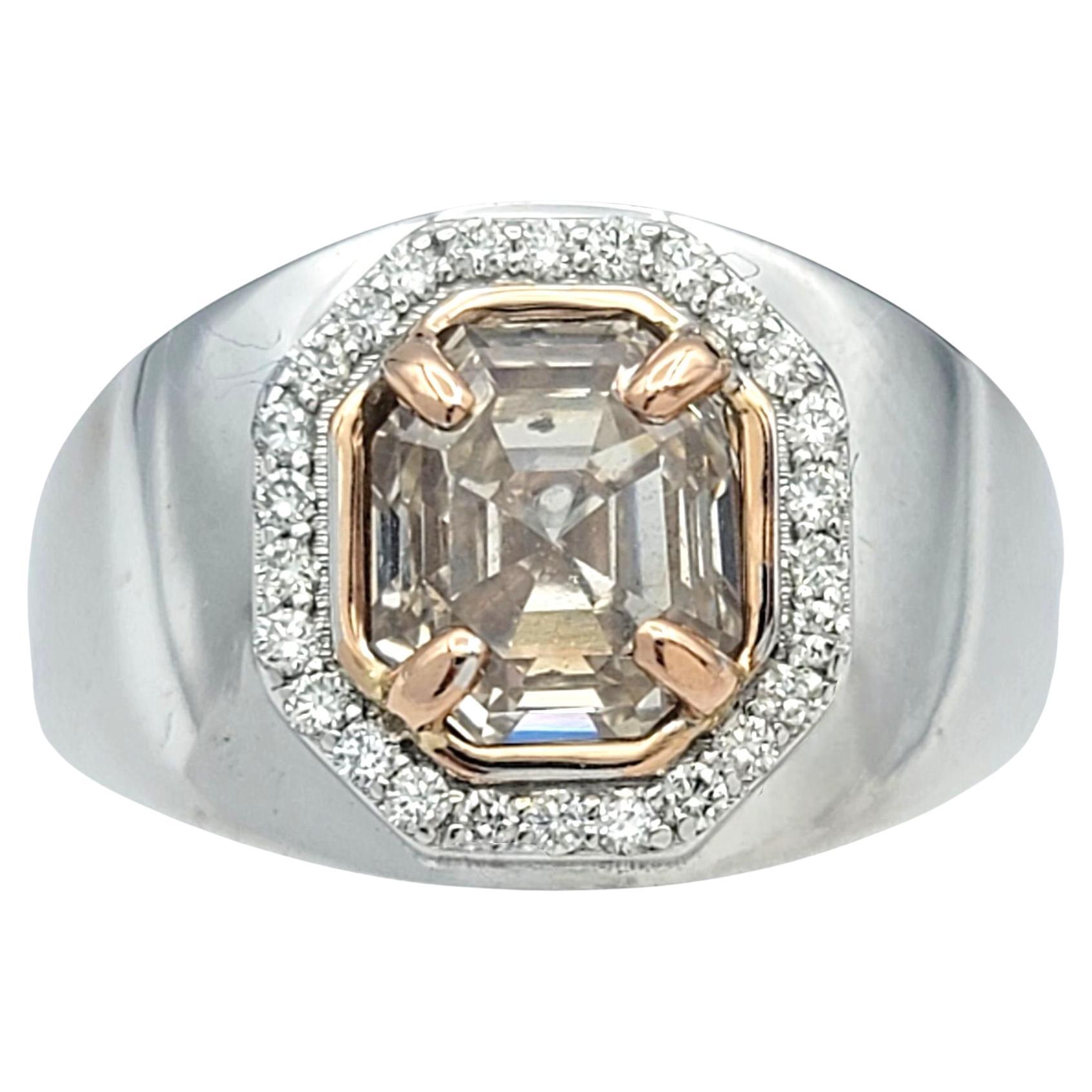 Bague en or 18 carats à taille octogonale, diamant brun rosé fantaisie avec halo