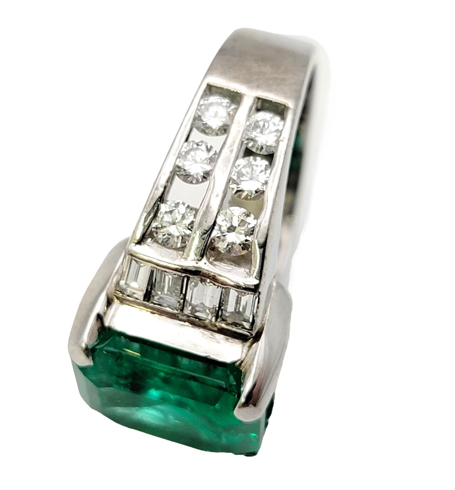 Octagonal Step Cut Natural Emerald and Diamond Band Ring in 18 Karat White Gold  For Sale 3