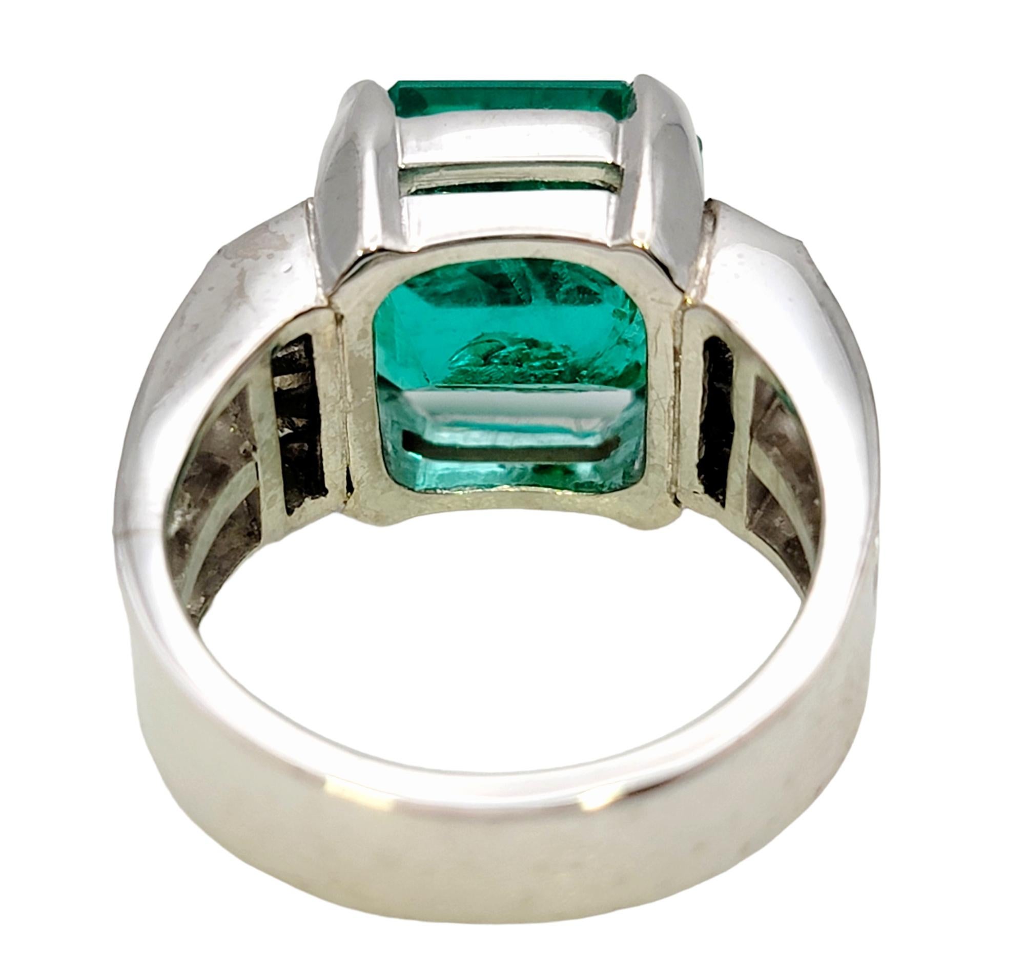 Octagonal Step Cut Natural Emerald and Diamond Band Ring in 18 Karat White Gold For Sale 3