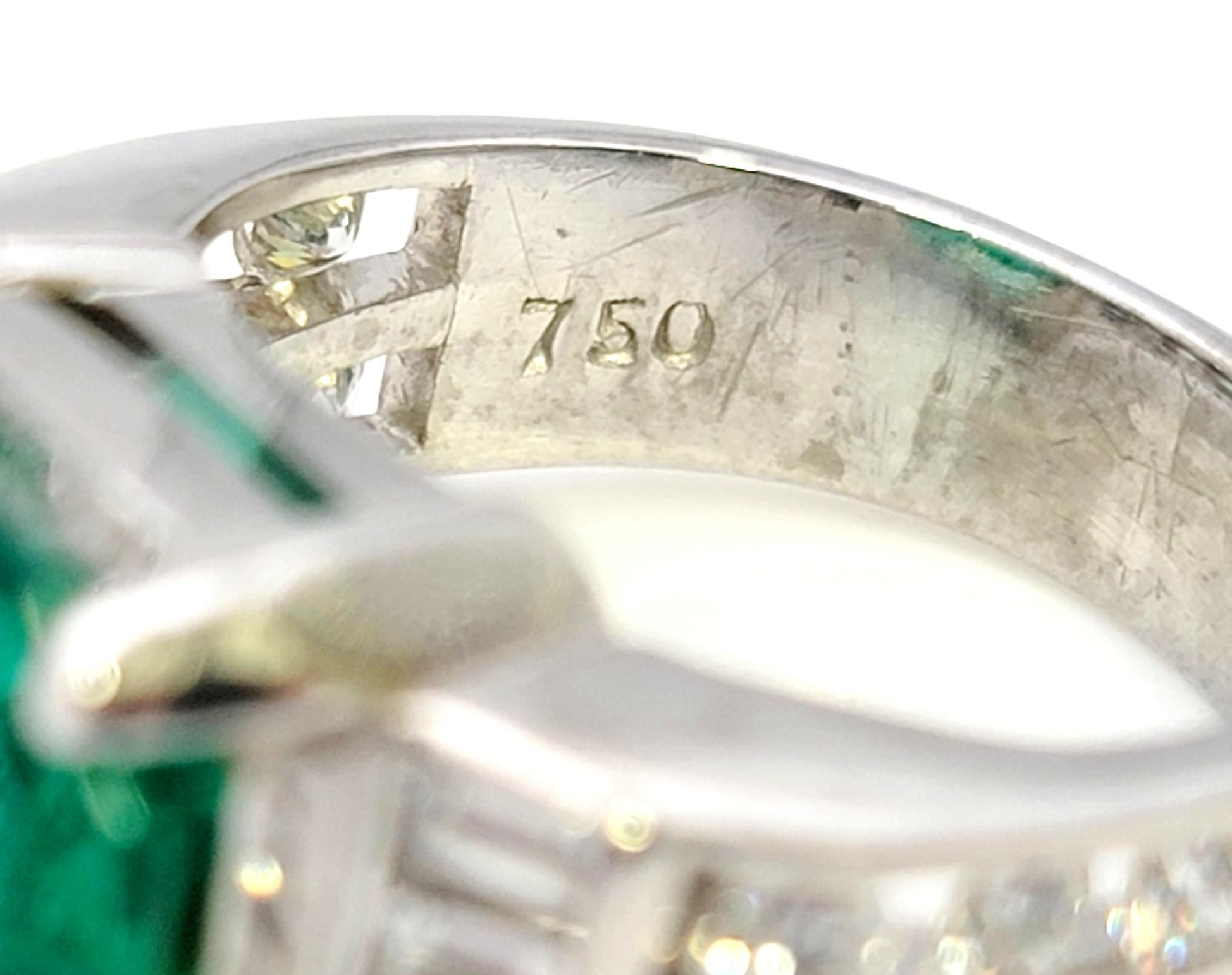 Octagonal Step Cut Natural Emerald and Diamond Band Ring in 18 Karat White Gold For Sale 4