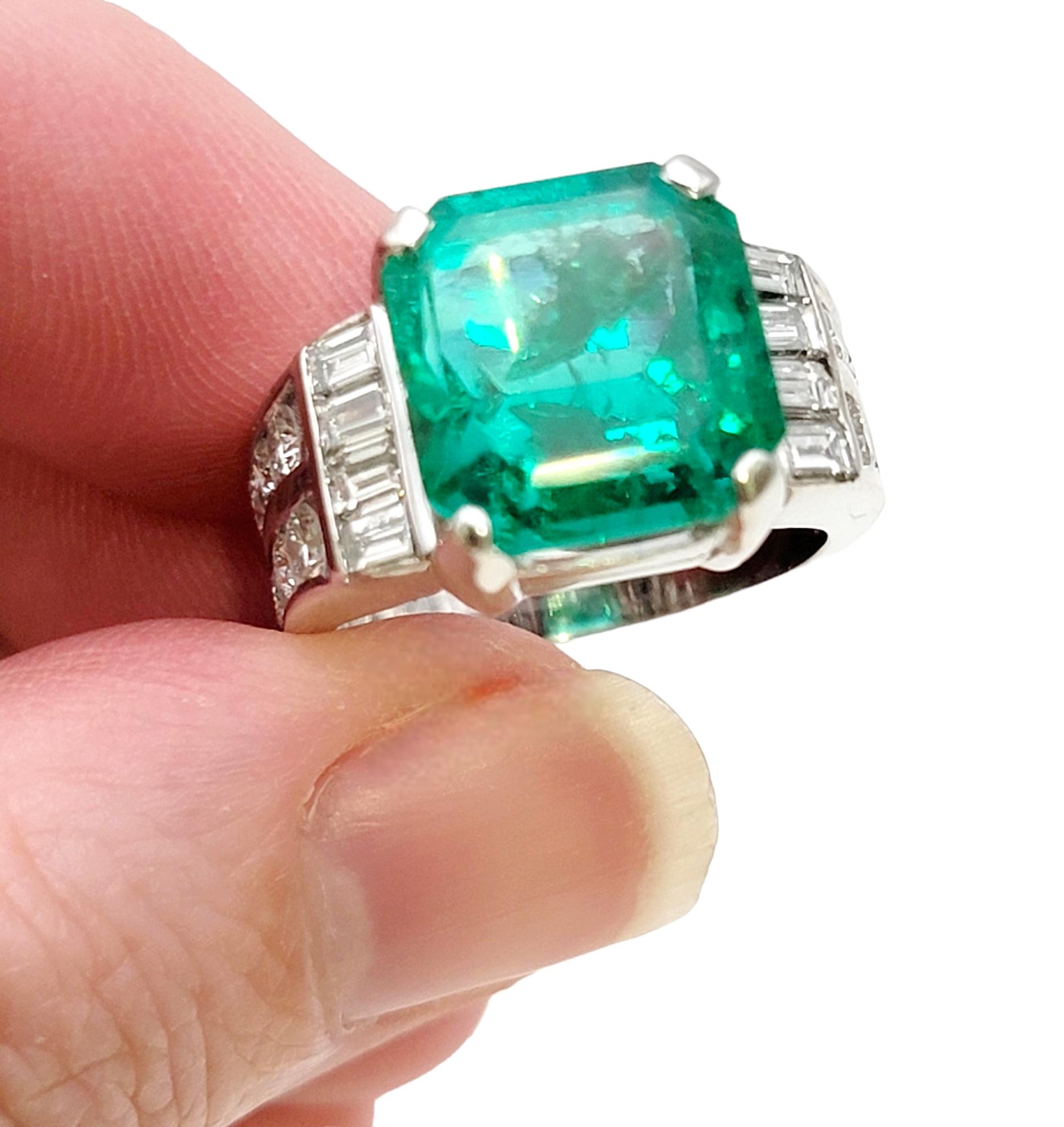 Octagonal Step Cut Natural Emerald and Diamond Band Ring in 18 Karat White Gold  For Sale 8