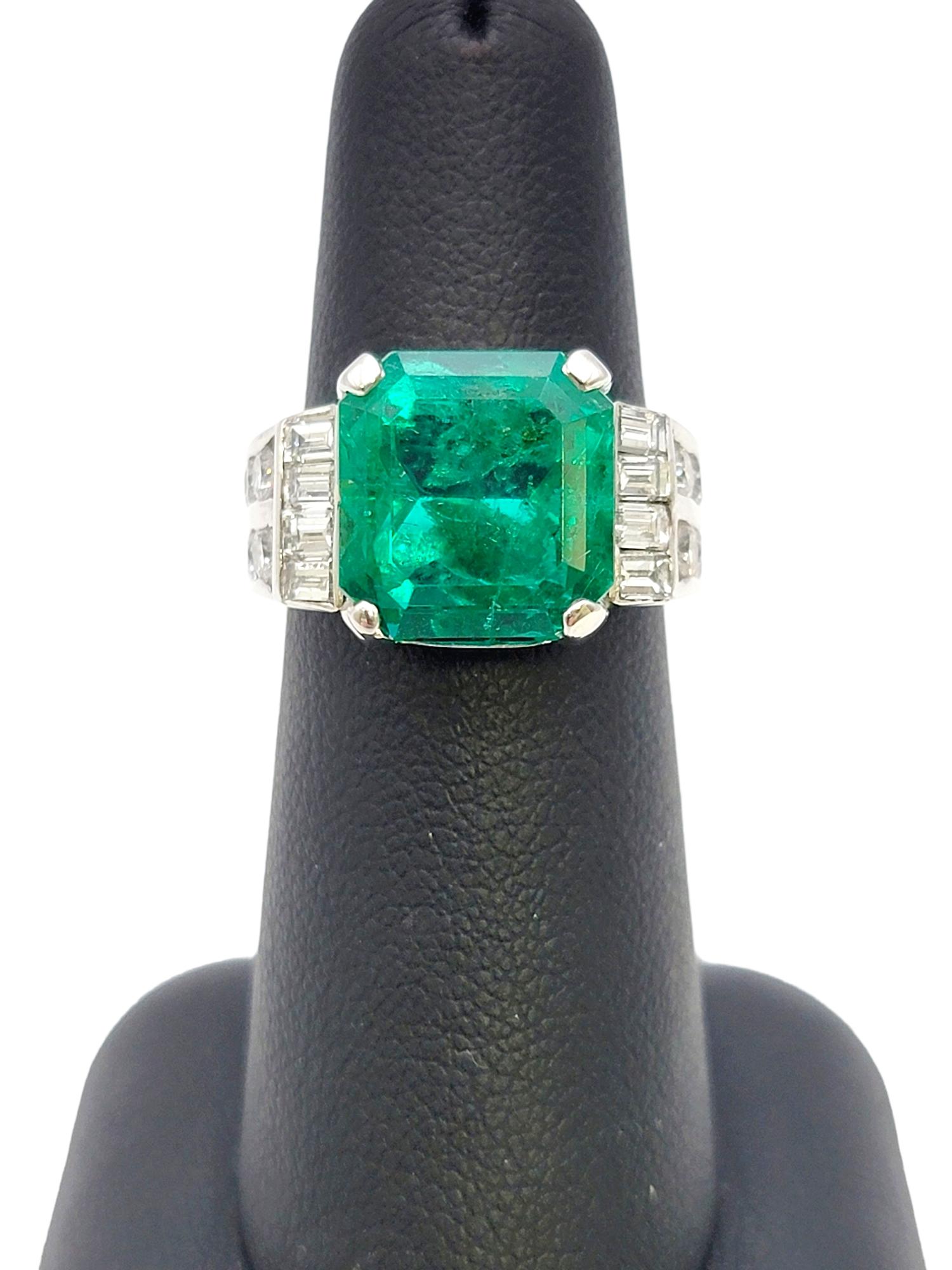 Octagonal Step Cut Natural Emerald and Diamond Band Ring in 18 Karat White Gold  For Sale 9