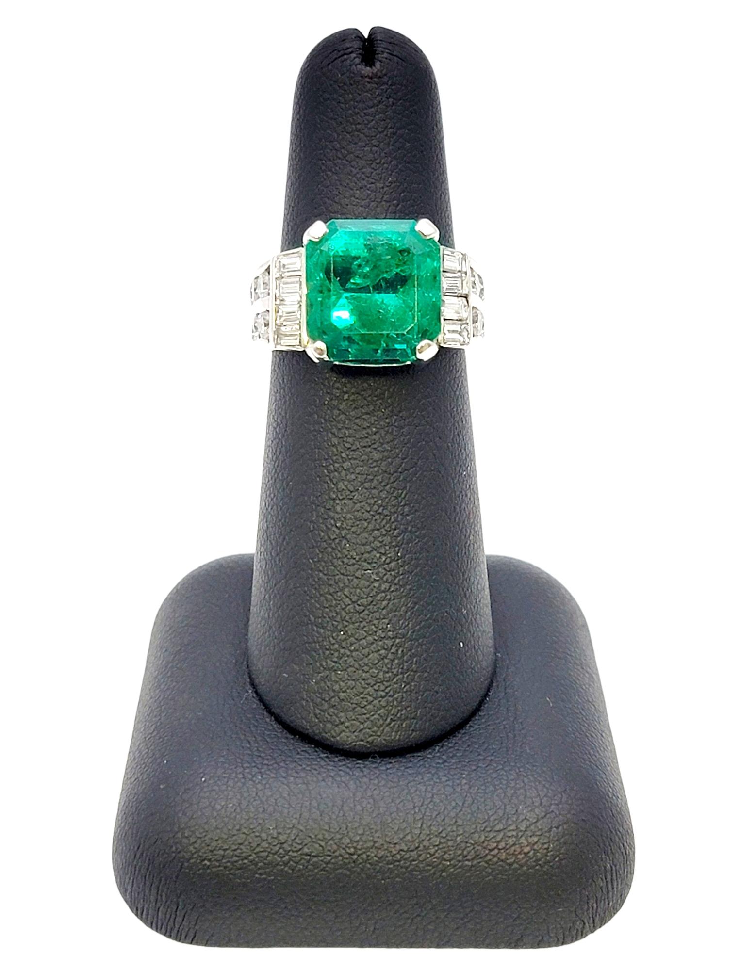 Octagonal Step Cut Natural Emerald and Diamond Band Ring in 18 Karat White Gold  For Sale 10