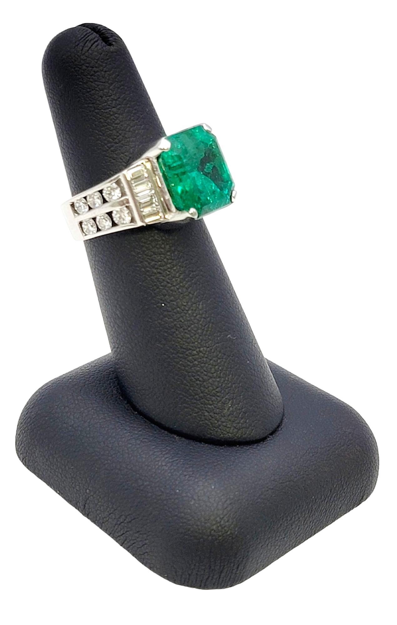 Octagonal Step Cut Natural Emerald and Diamond Band Ring in 18 Karat White Gold  For Sale 11