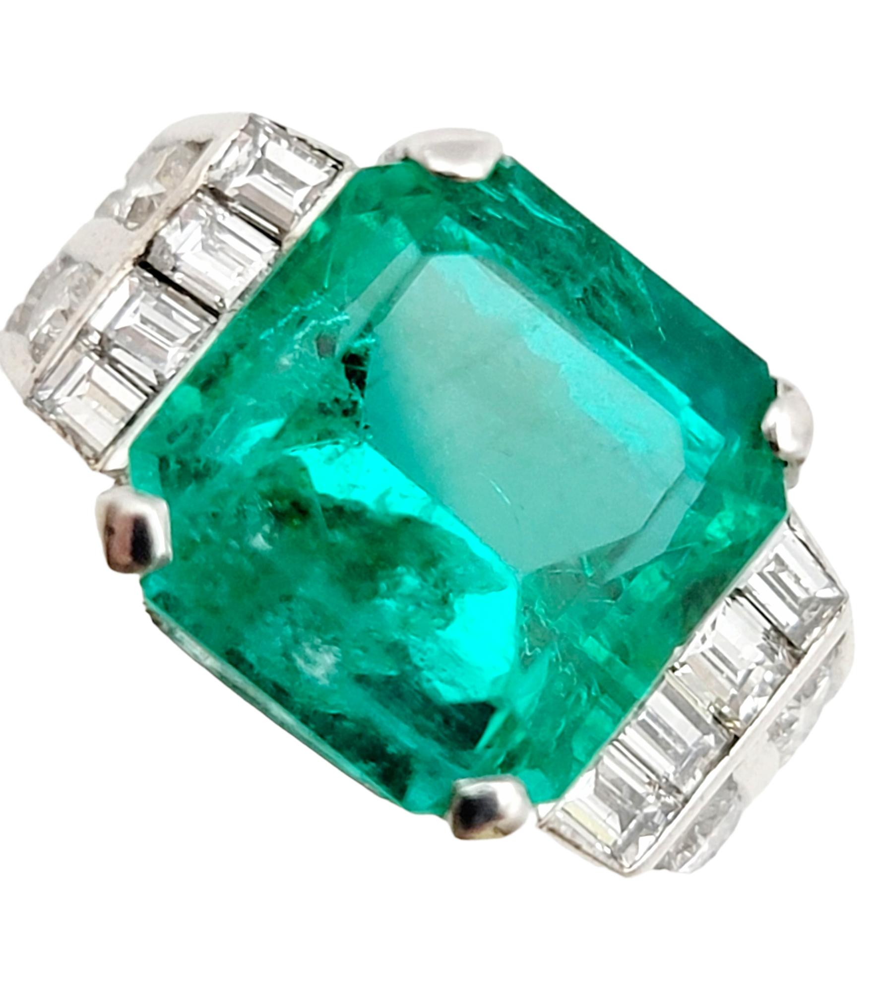 Ring size: 6.25

This breathtaking natural emerald and diamond ring absolutely wows! The brilliant bright green emerald stone pops beautifully against the bright white diamonds and really catches the viewers eye. 

The gorgeous ring features a
