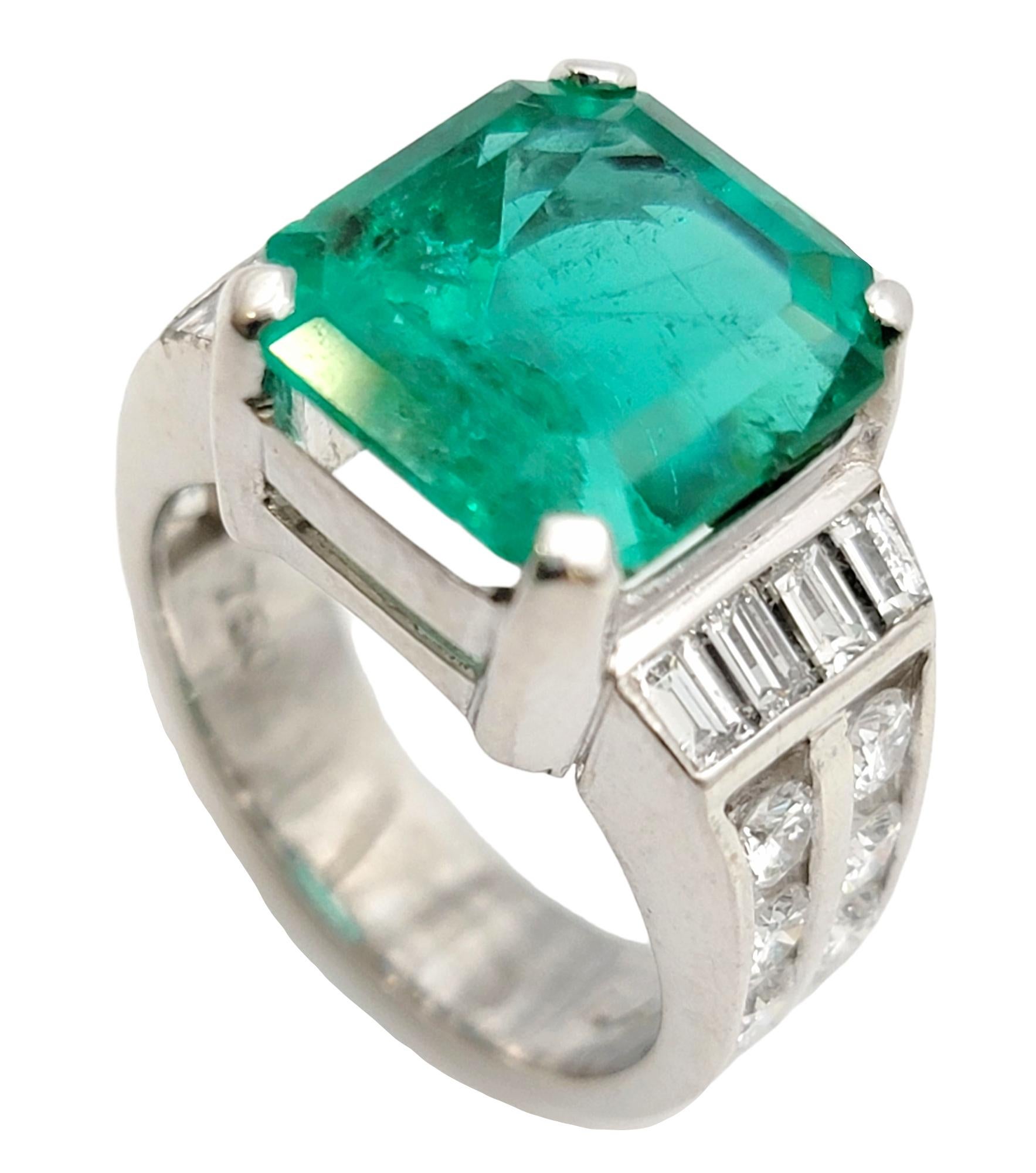 Contemporary Octagonal Step Cut Natural Emerald and Diamond Band Ring in 18 Karat White Gold  For Sale