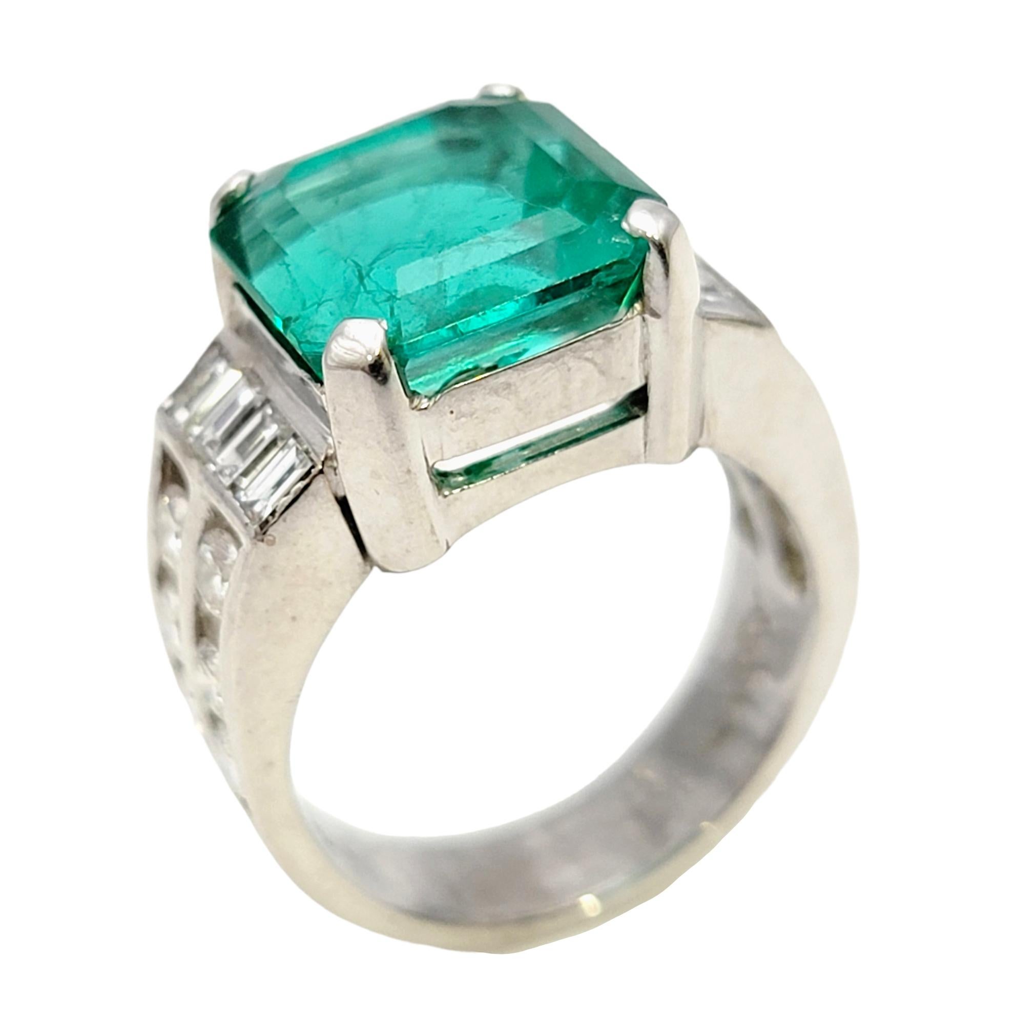 Octagon Cut Octagonal Step Cut Natural Emerald and Diamond Band Ring in 18 Karat White Gold  For Sale