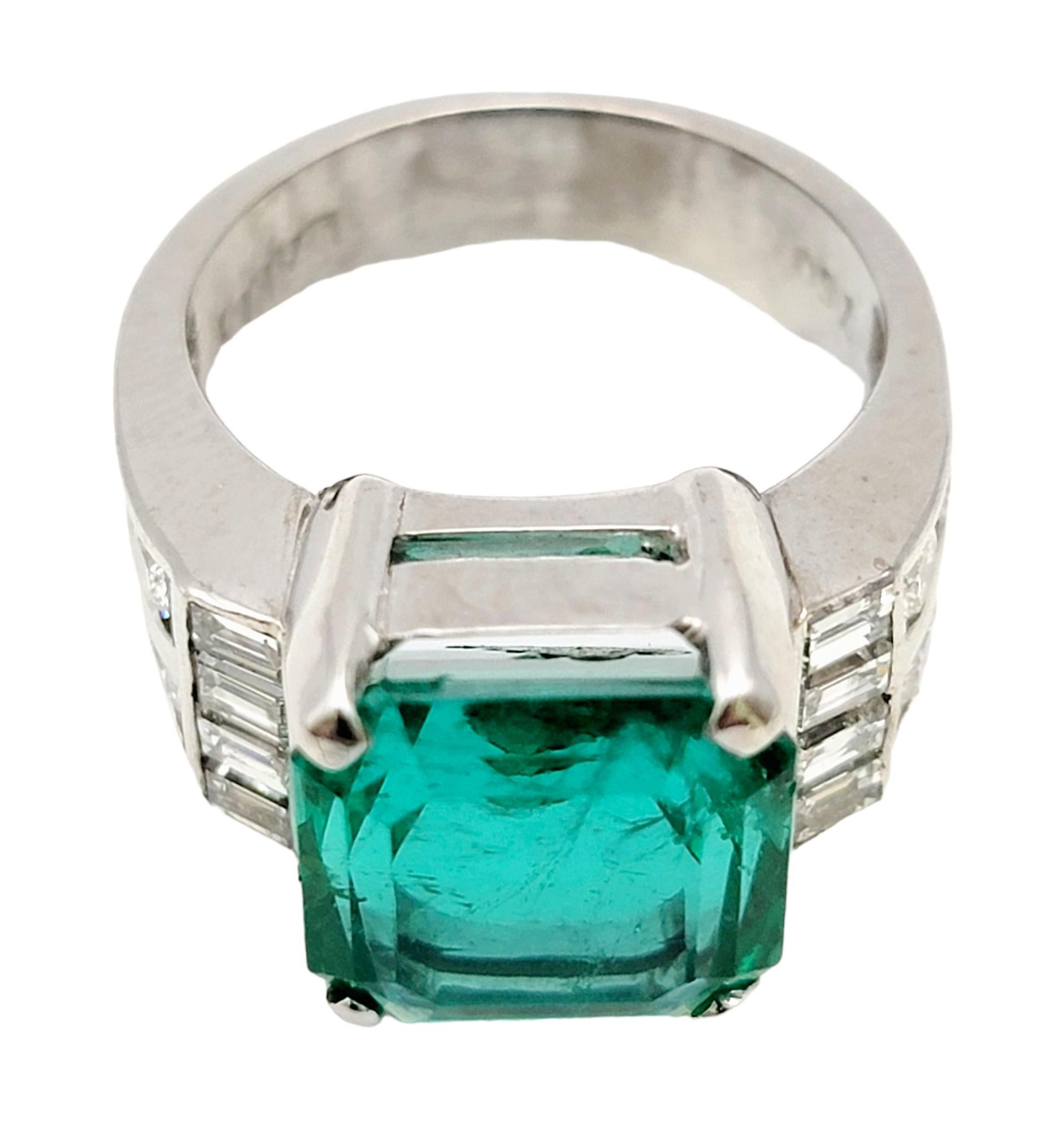 Octagon Cut Octagonal Step Cut Natural Emerald and Diamond Band Ring in 18 Karat White Gold For Sale