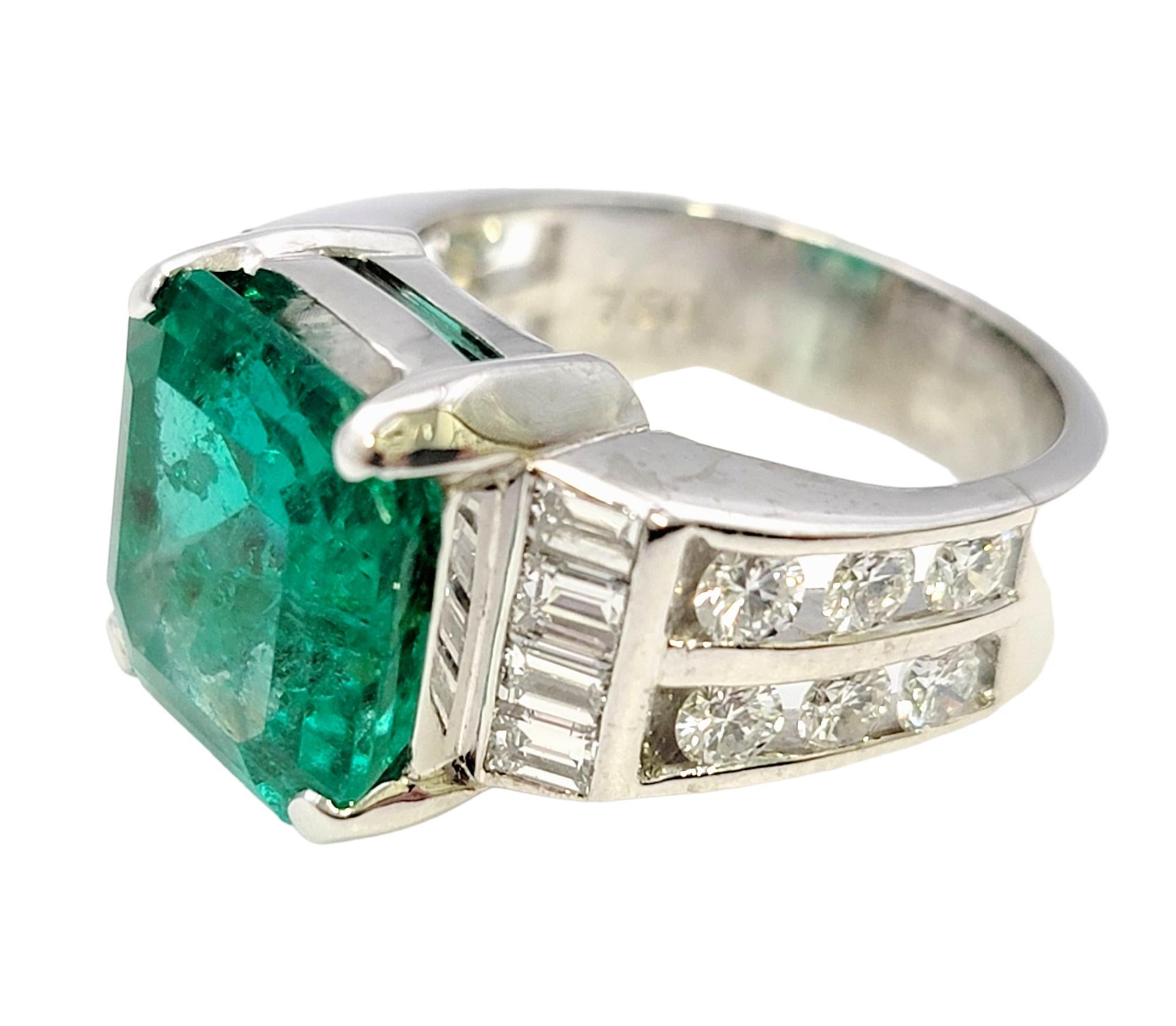 Women's Octagonal Step Cut Natural Emerald and Diamond Band Ring in 18 Karat White Gold  For Sale