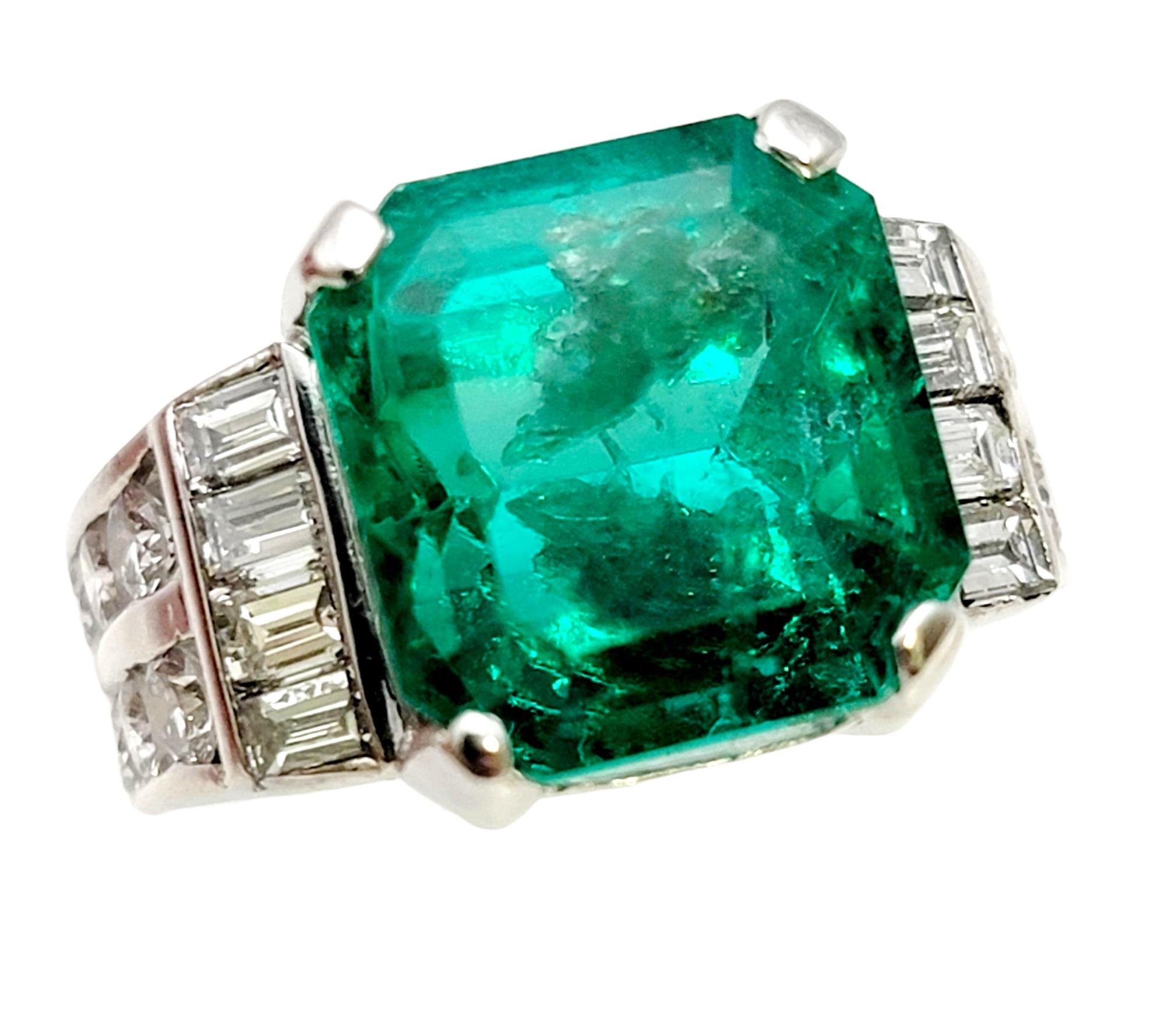 Octagonal Step Cut Natural Emerald and Diamond Band Ring in 18 Karat White Gold  For Sale 1