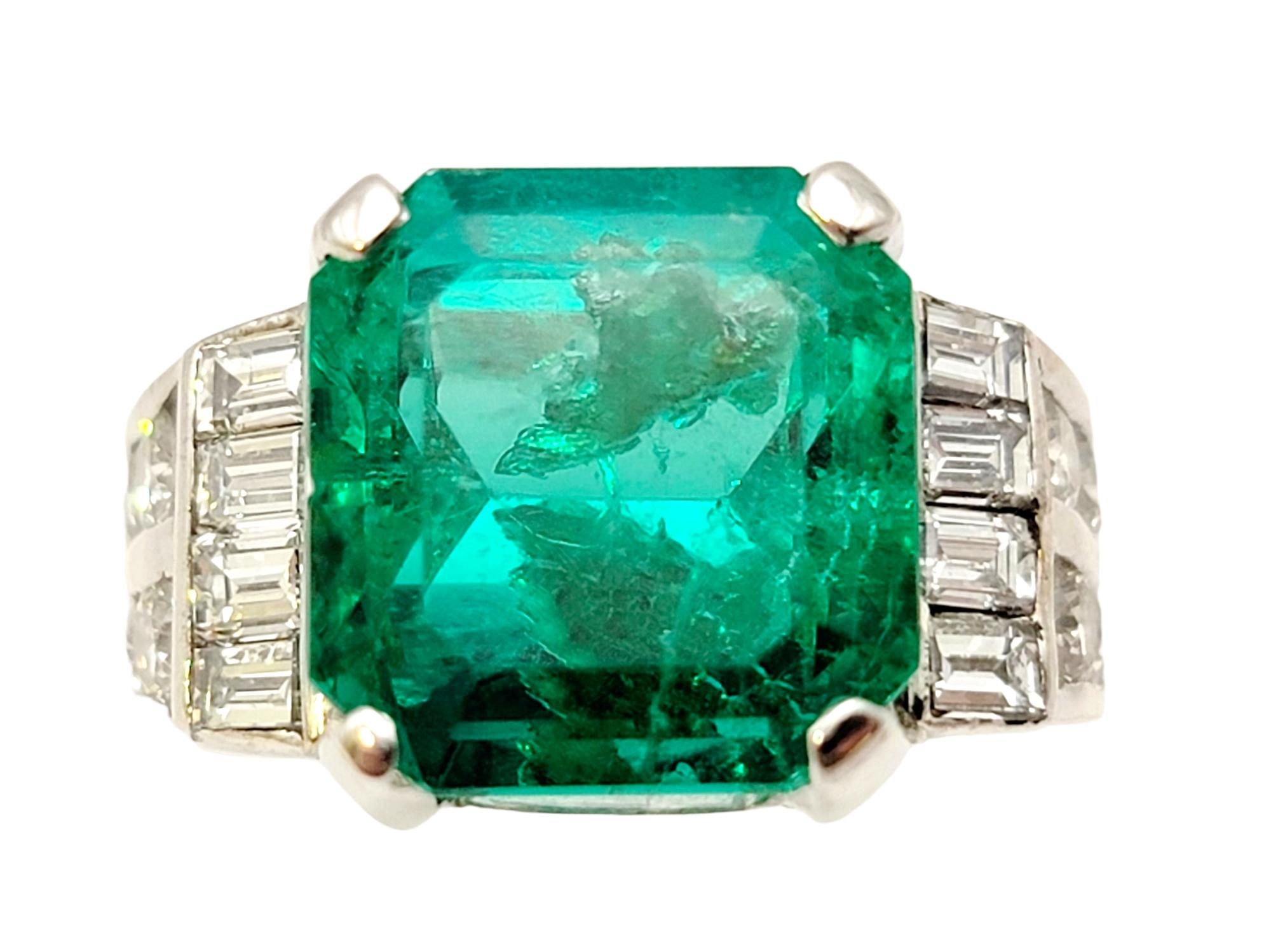 Octagonal Step Cut Natural Emerald and Diamond Band Ring in 18 Karat White Gold  For Sale 2