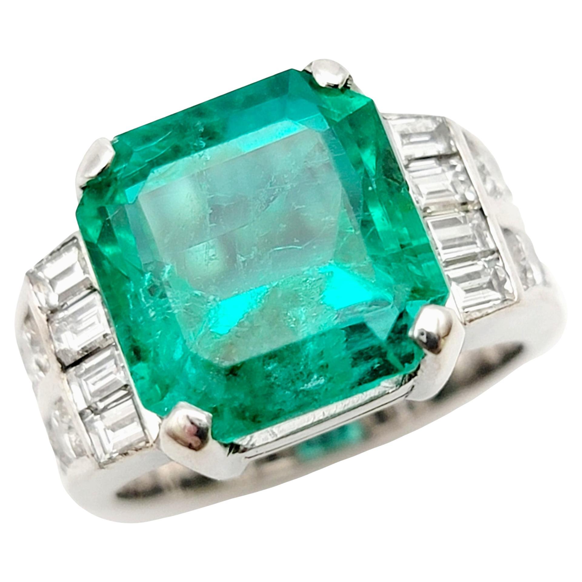 Octagonal Step Cut Natural Emerald and Diamond Band Ring in 18 Karat White Gold  For Sale