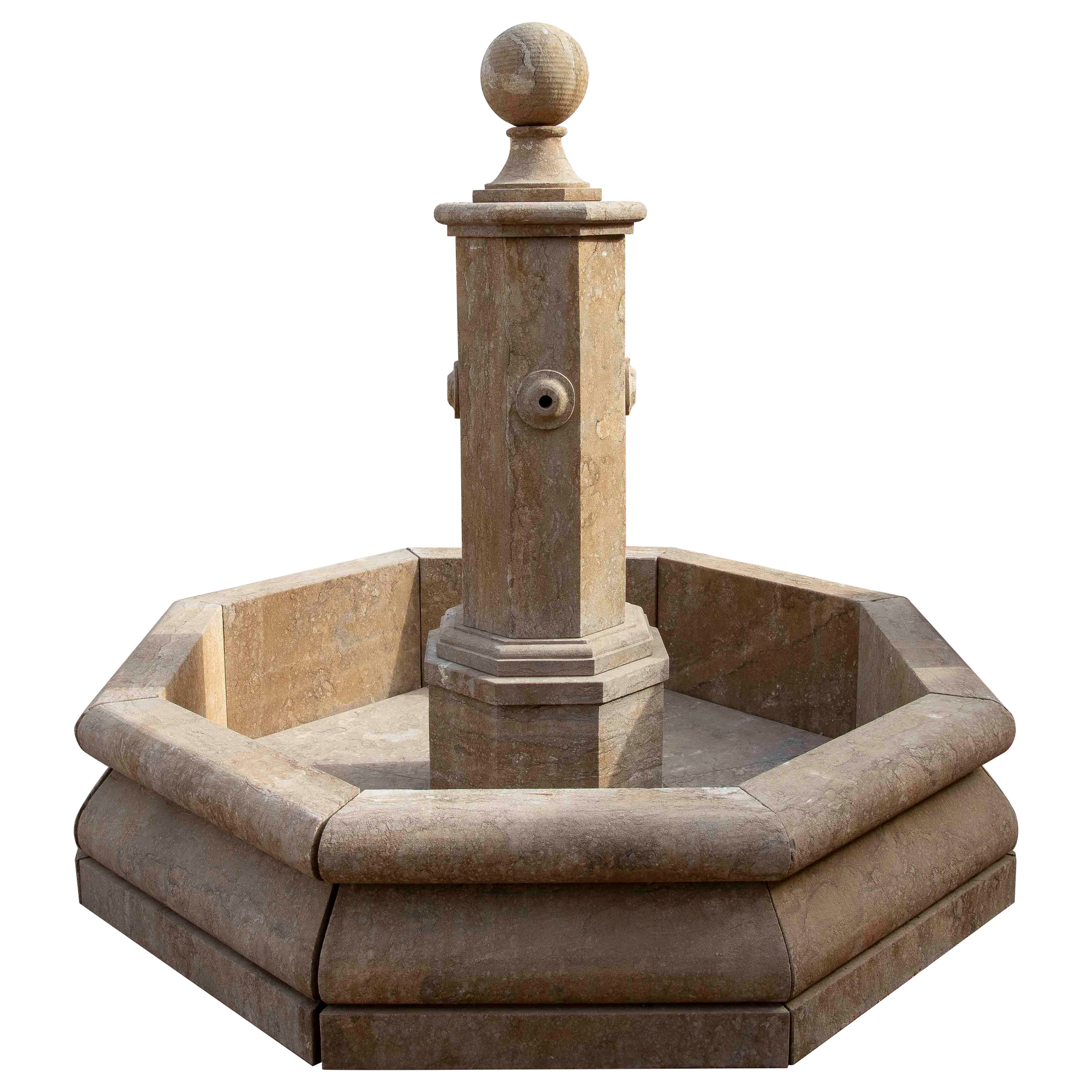 Octagonal Stone Garden Fountain with a Central Column and a Spherical Finial For Sale