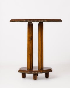 Octagonal Studded Leather and Wood Pedestal Table - France 1940's