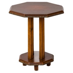 Octagonal Studded Leather and Wood Pedestal Table - France 1940's