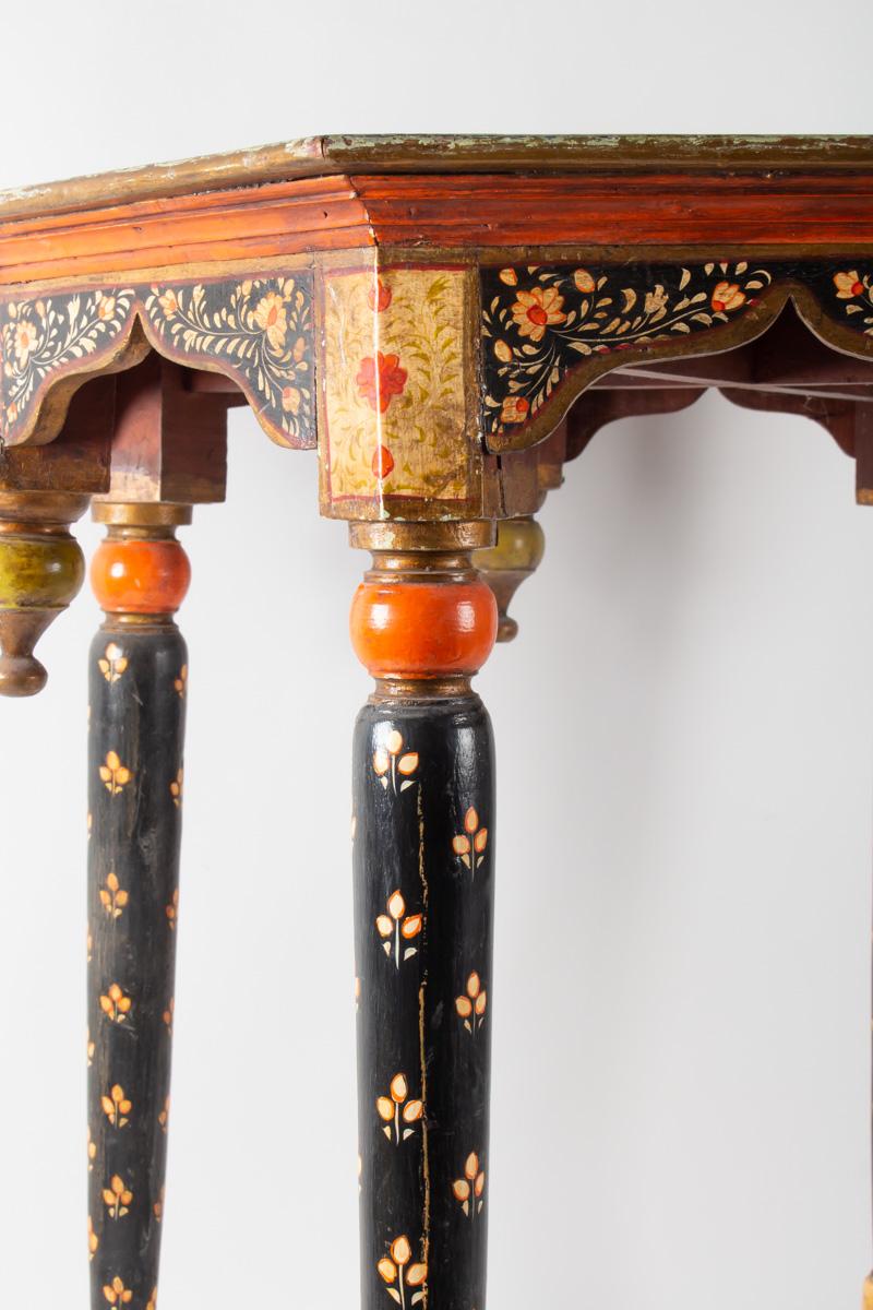 Indian Octagonal Table in Polychrome Wood, North India, 1900