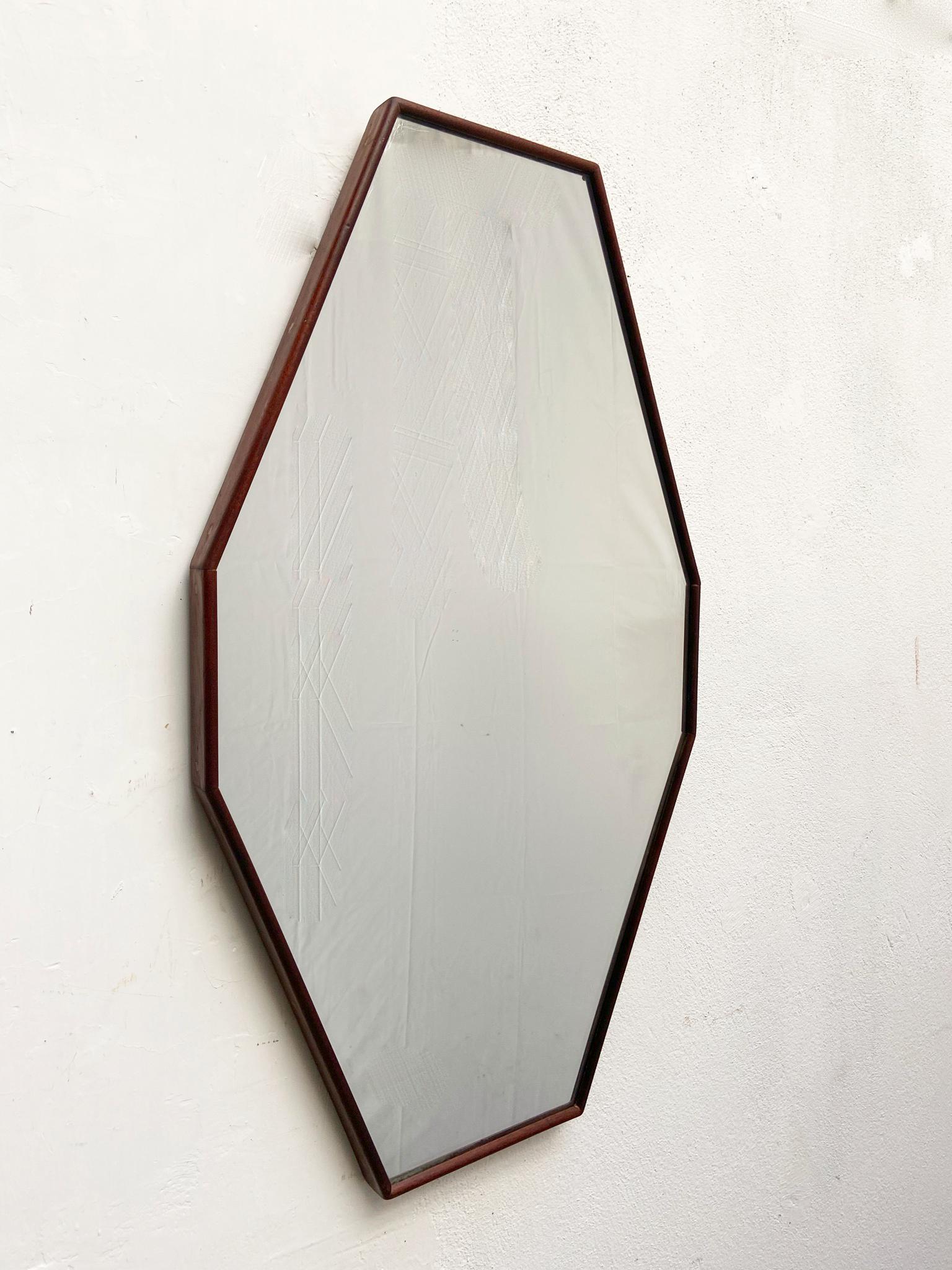 Mid-Century Modern Octagonal Teak Wall Mirror, Italy, 1960s For Sale