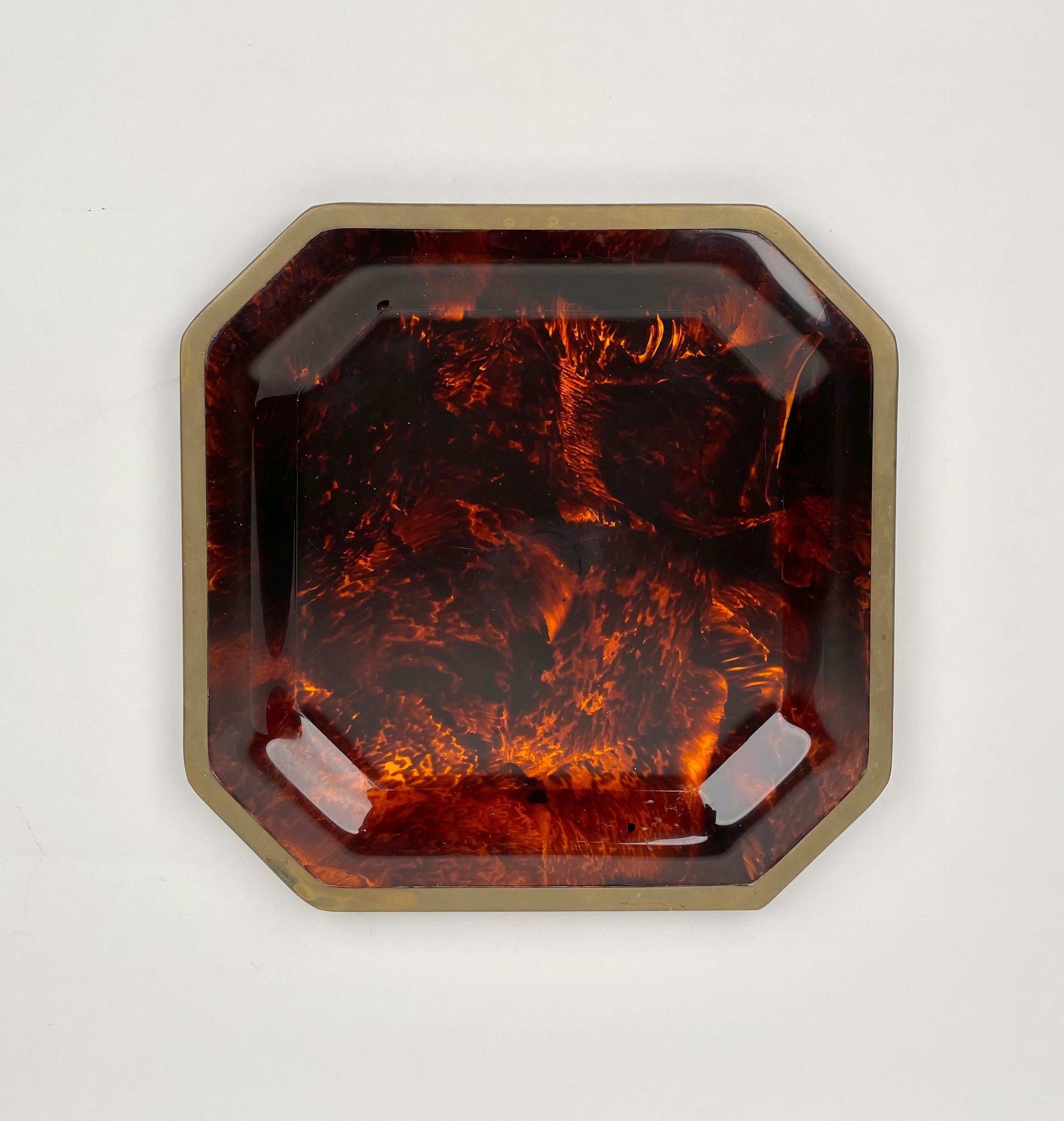 Mid-Century Modern Octagonal Tortoise Shell Lucite & Brass Centerpiece Christian Dior Italy, 1970s