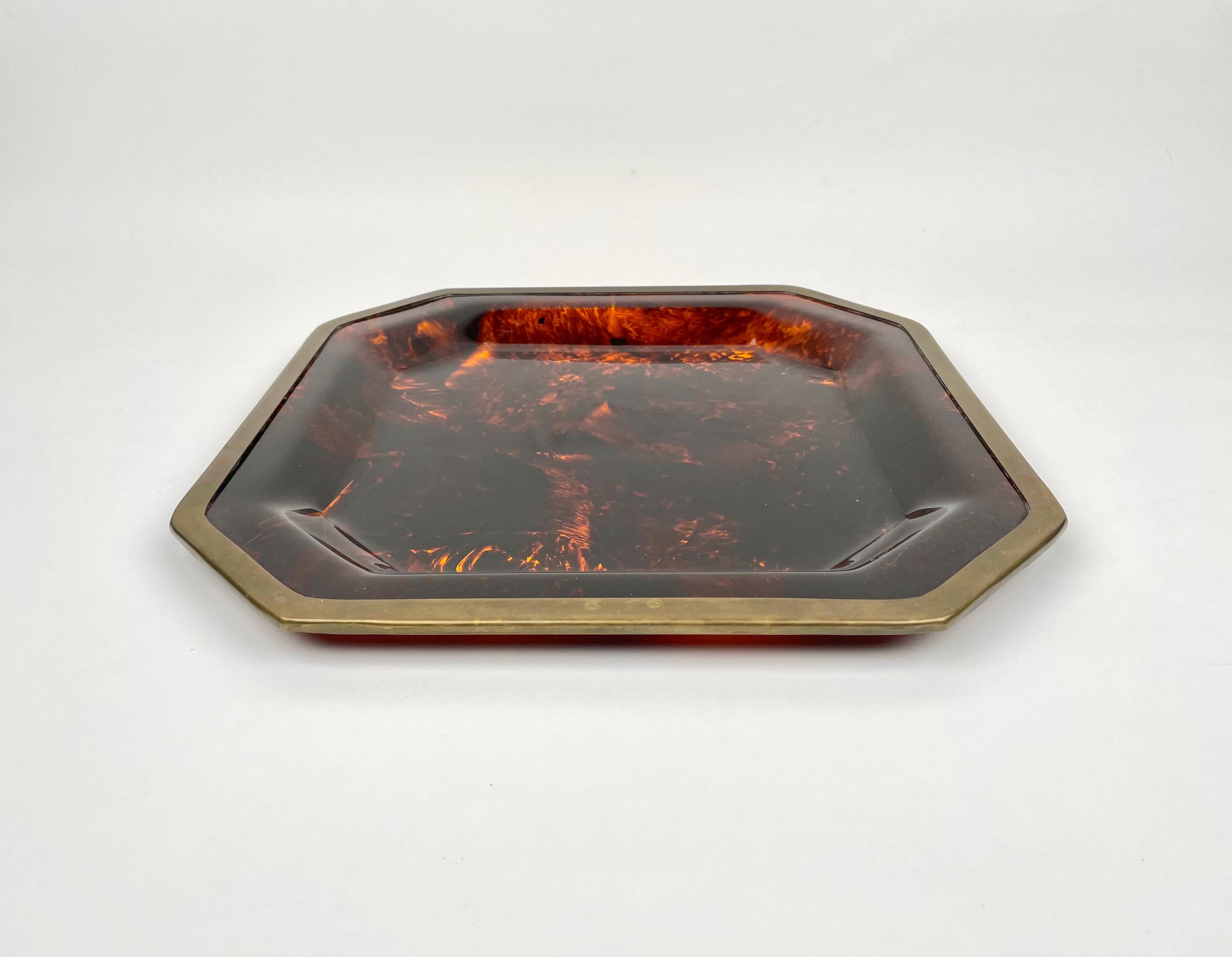 French Octagonal Tortoise Shell Lucite & Brass Centerpiece Christian Dior Italy, 1970s