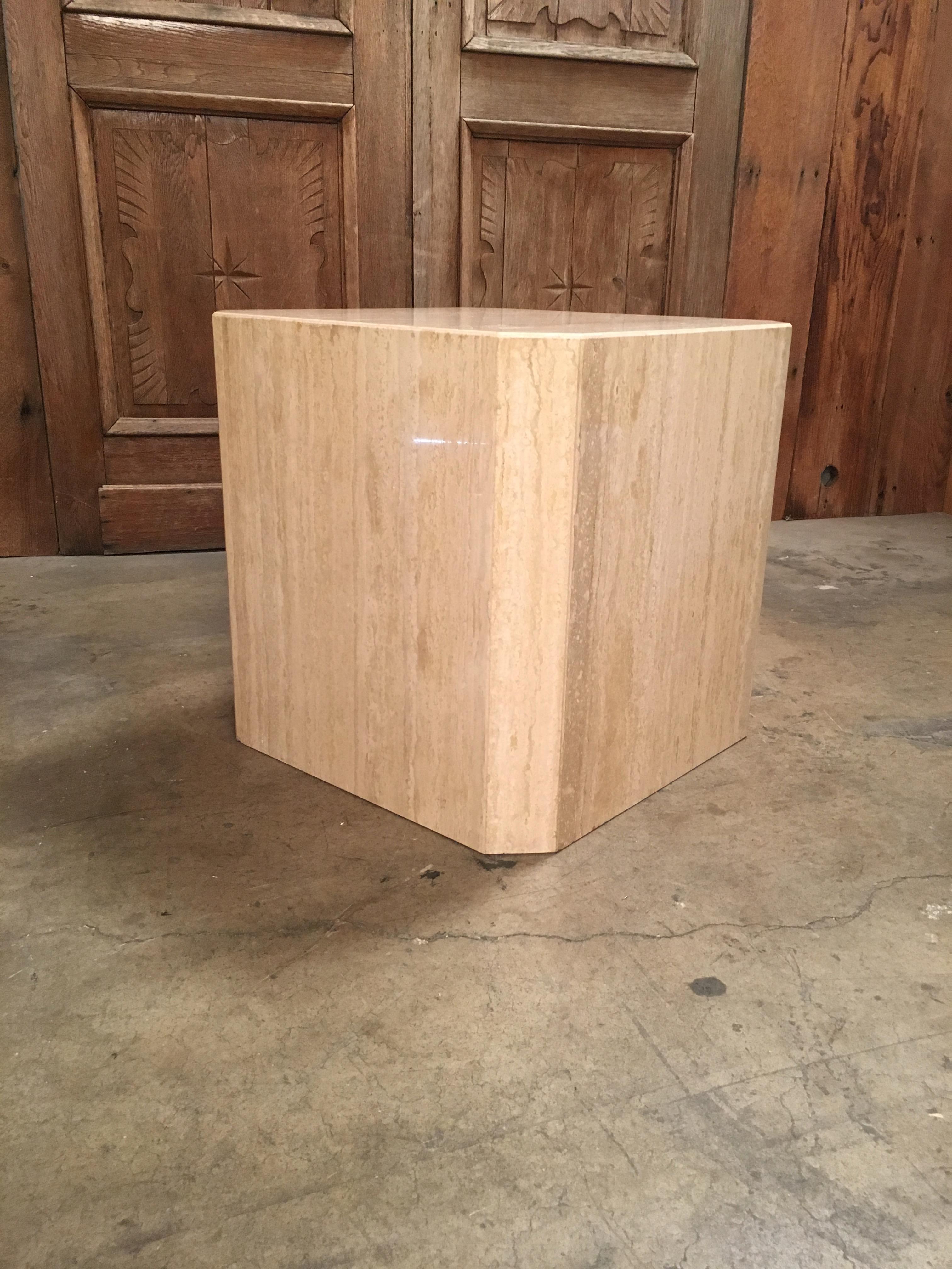 Octagonal cube Travertine marble table or pedestal.