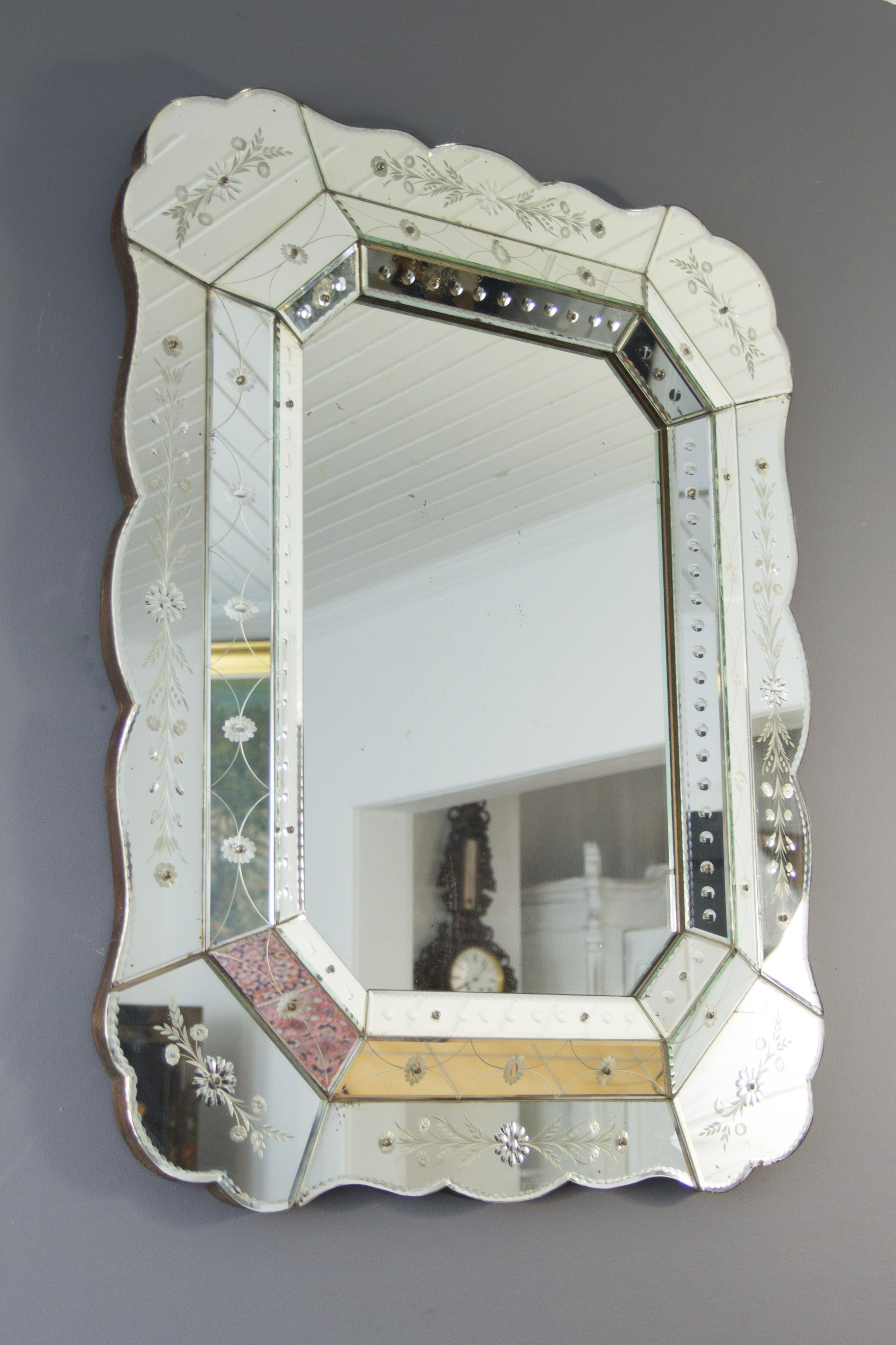 Octagonal Venetian Mirror with Etched Floral Decors, 1930s 3