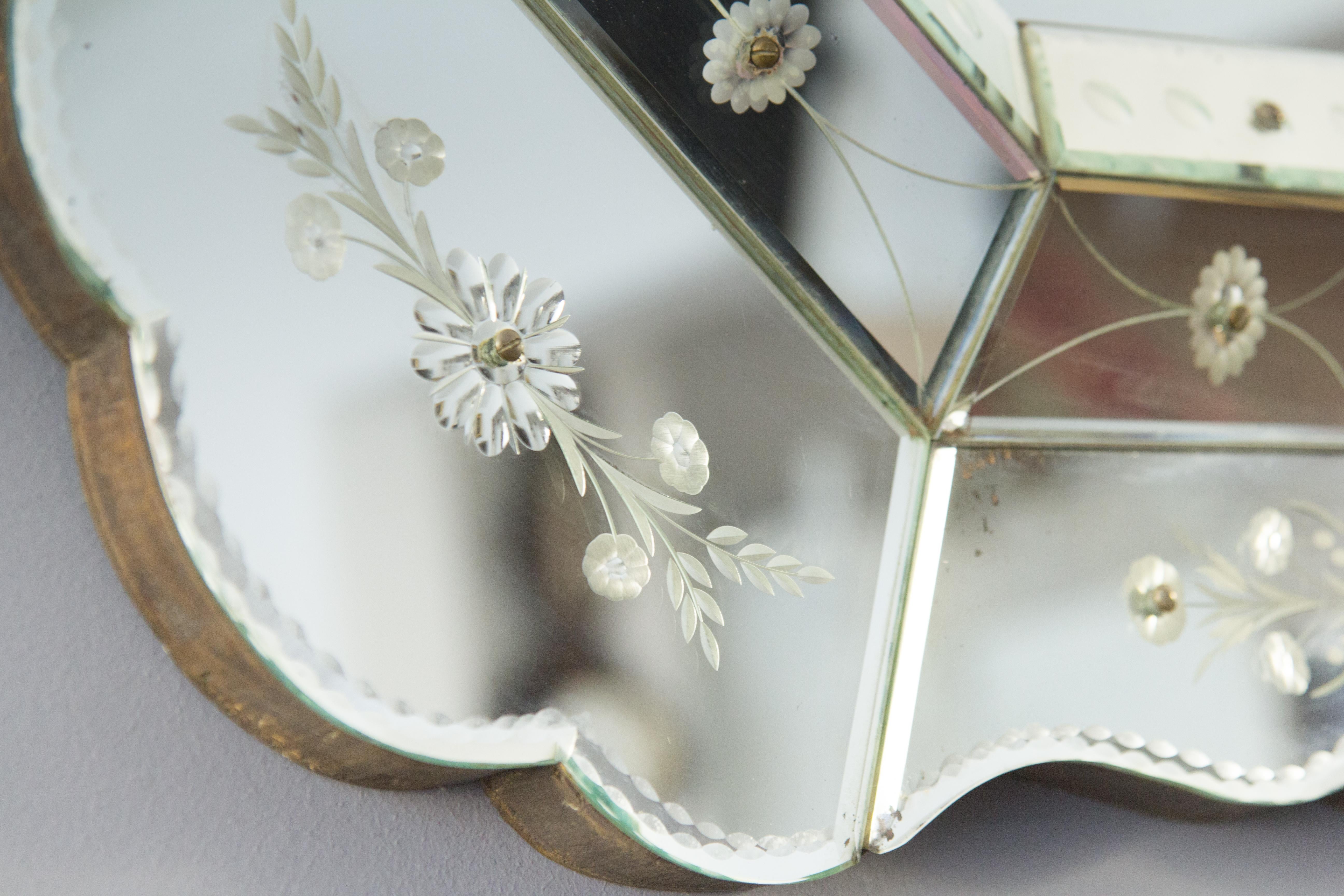 Octagonal Venetian Mirror with Etched Floral Decors, 1930s 5