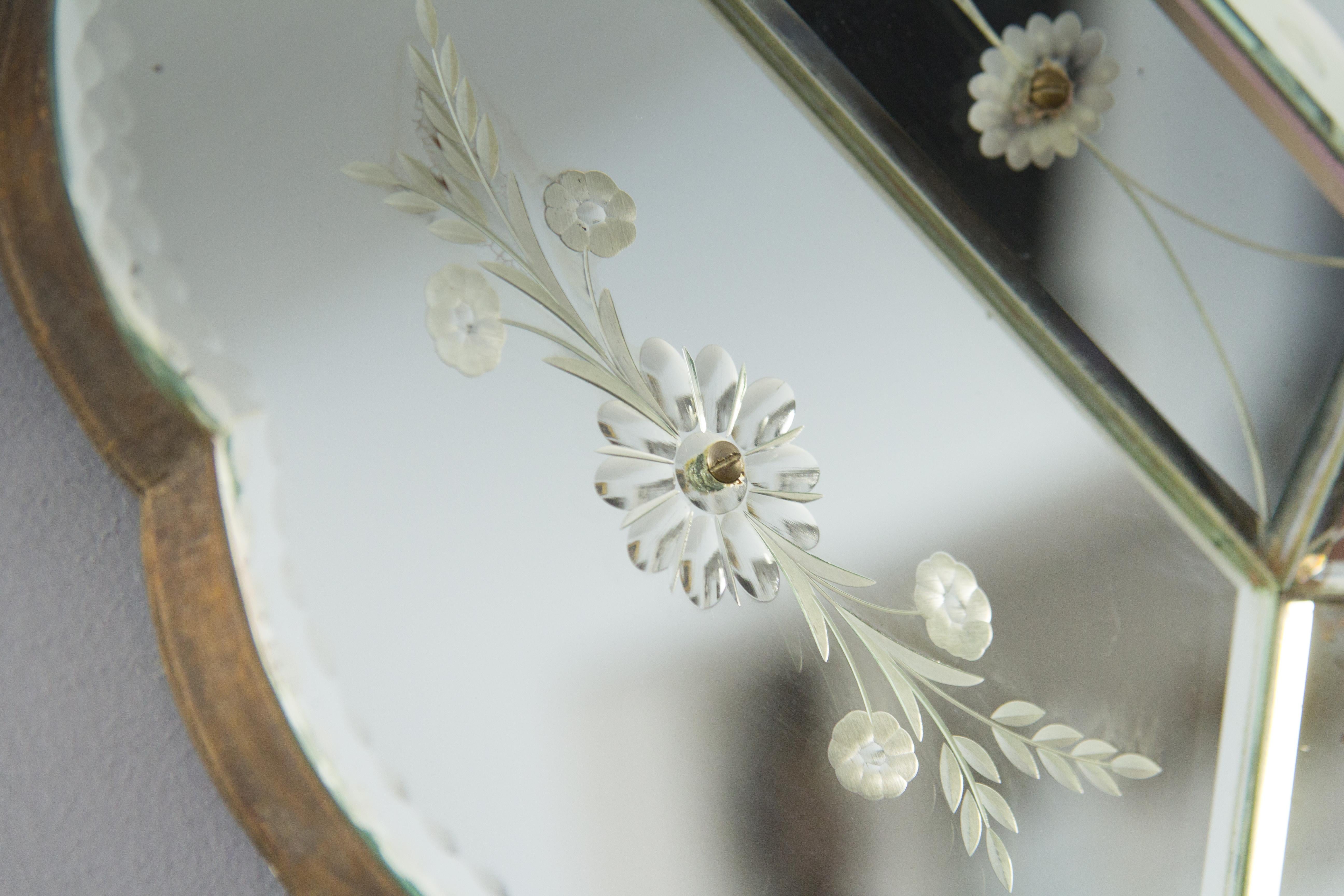Octagonal Venetian Mirror with Etched Floral Decors, 1930s 6