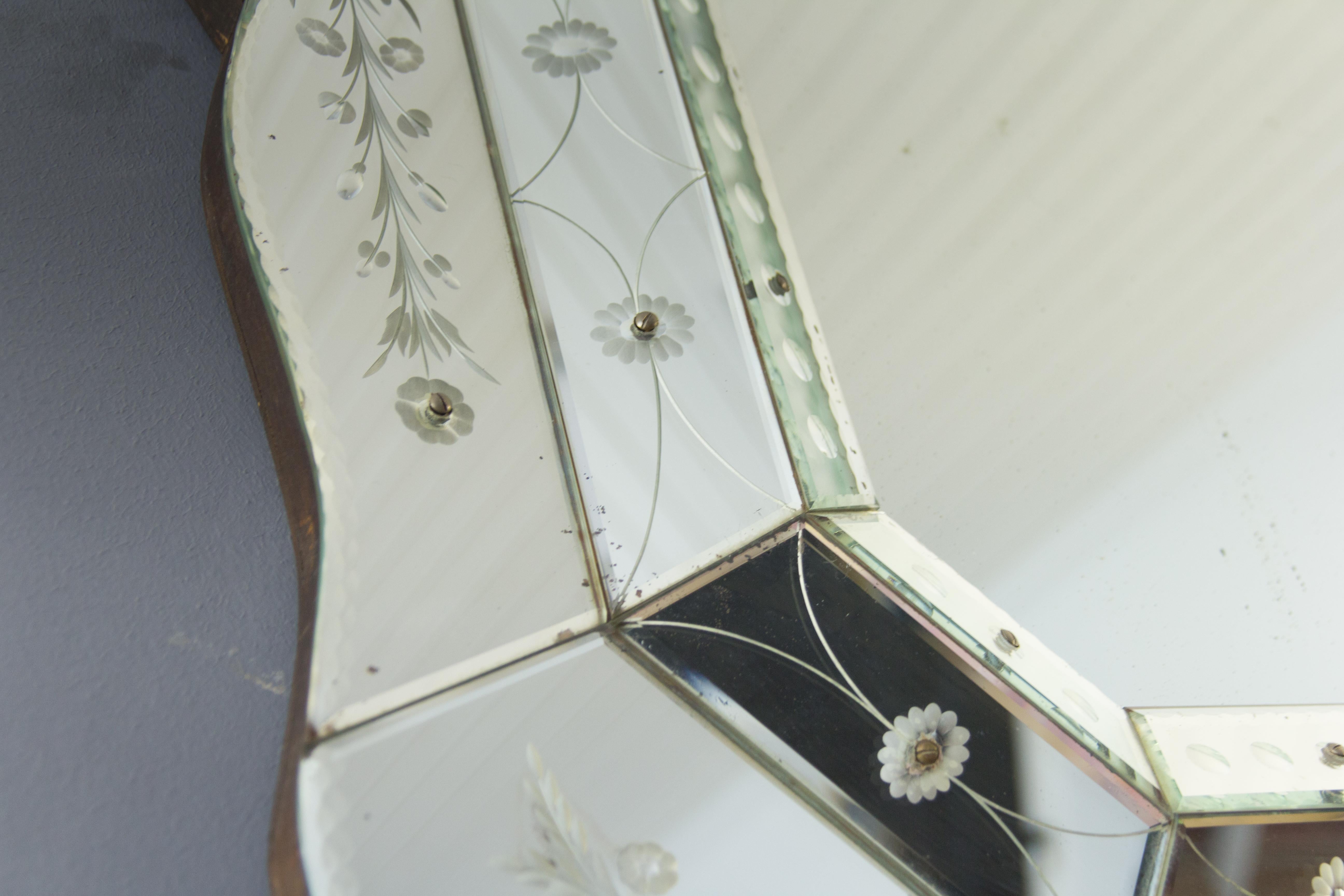 Art Deco Octagonal Venetian Mirror with Etched Floral Decors, 1930s