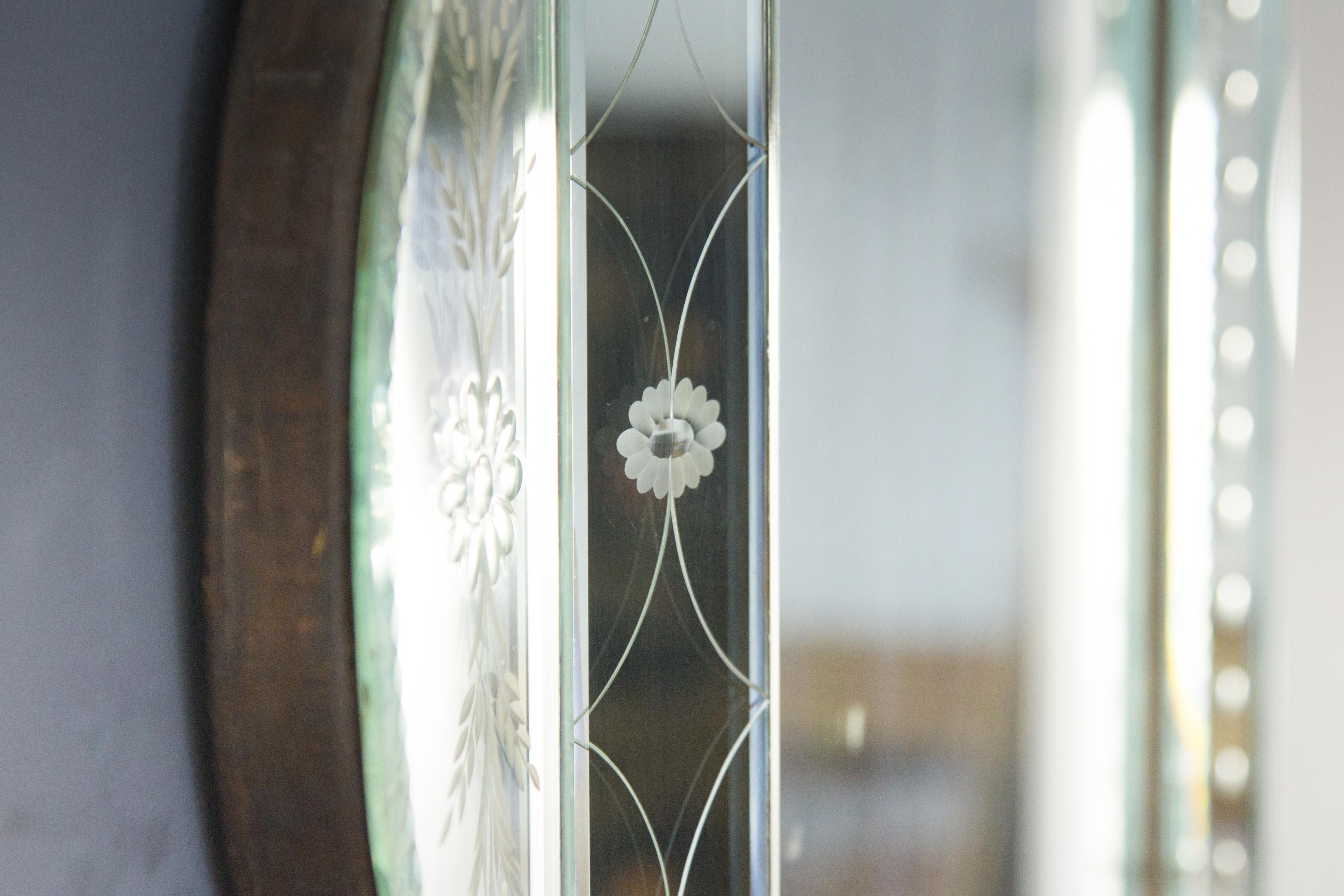 Italian Octagonal Venetian Mirror with Etched Floral Decors, 1930s