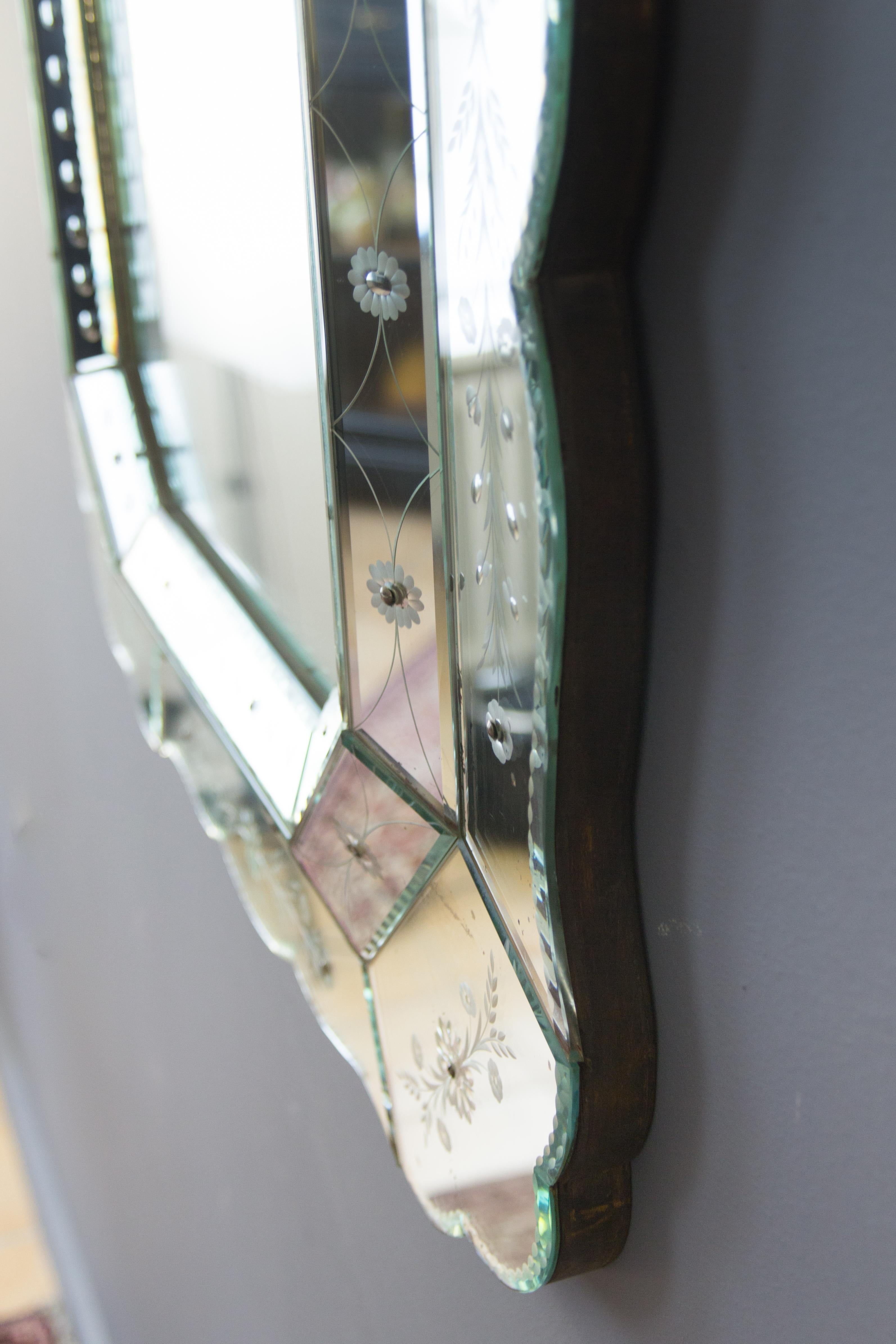 Octagonal Venetian Mirror with Etched Floral Decors, 1930s 1