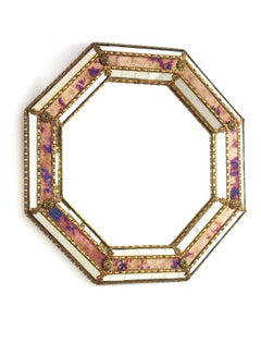 Octagonal Venetian Modern Mirror in Pink Purple Hues & Brass Details