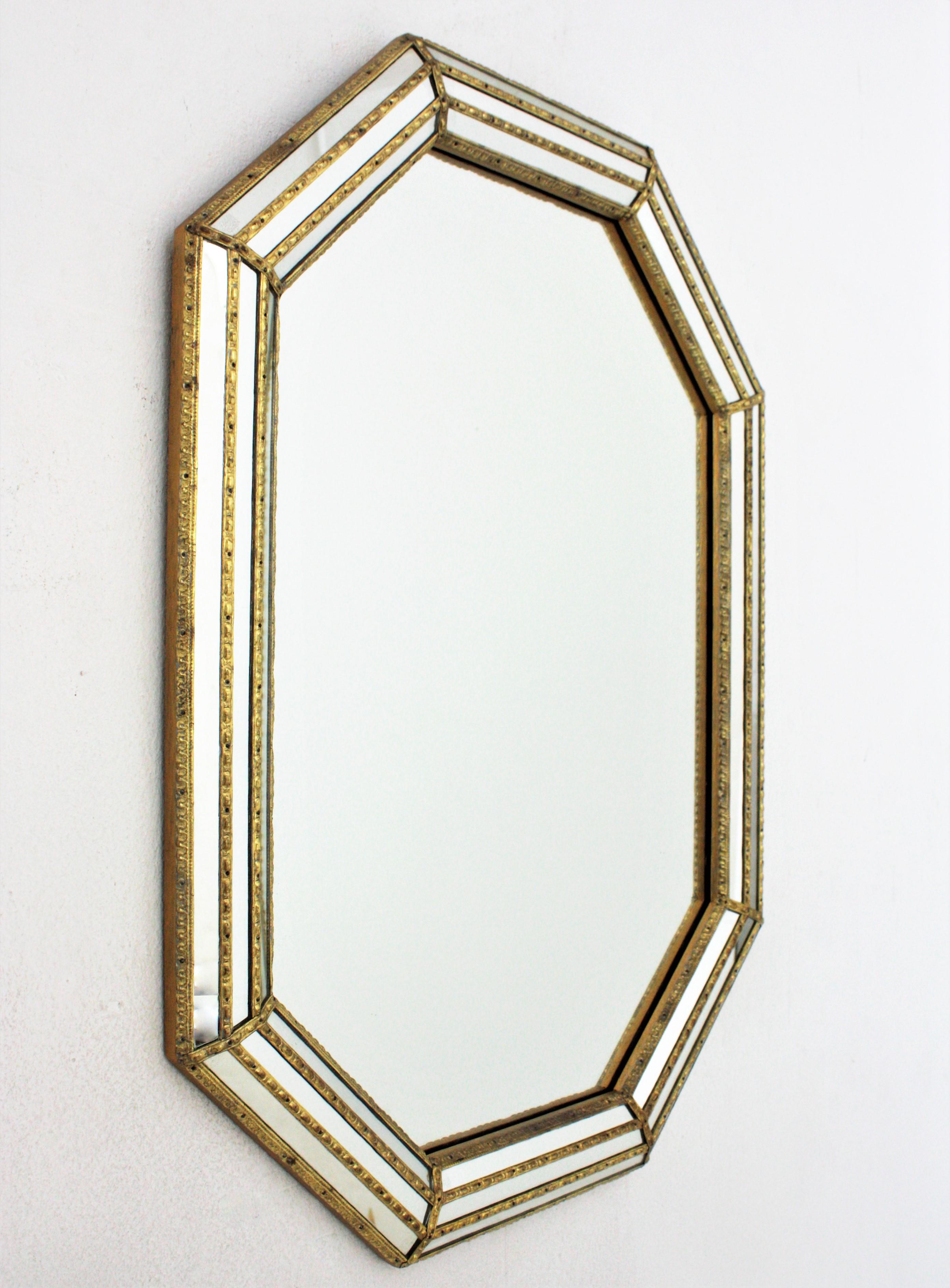 Mid-Century Modern Venetian Style Octagonal Mirror with Brass Details For Sale
