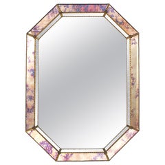 Octagonal Venetian Modern Mirror with Pink Purple Glass and Brass Details