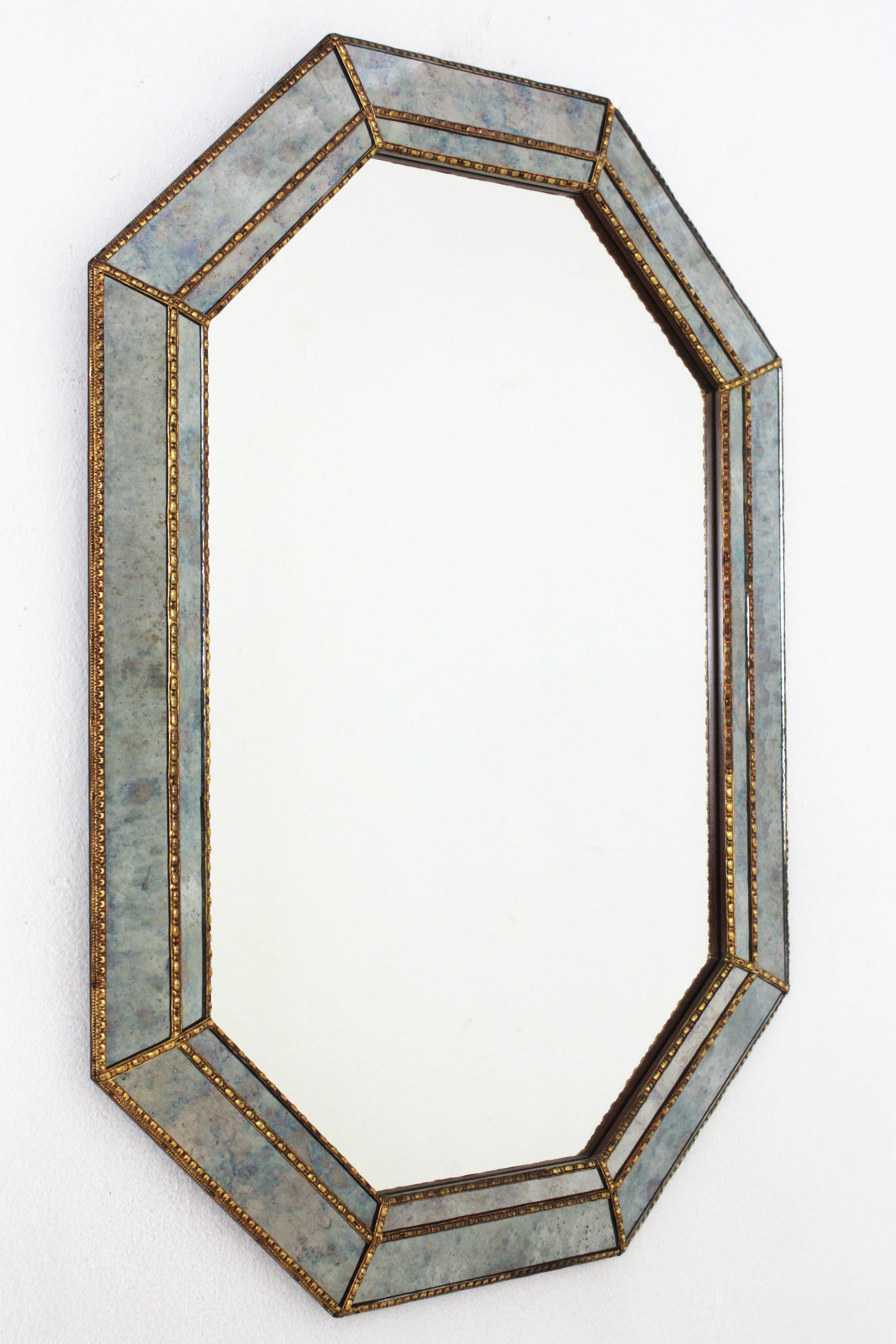 Hollywood Regency Octagonal Venetian Style Blue Mirror with Brass Details