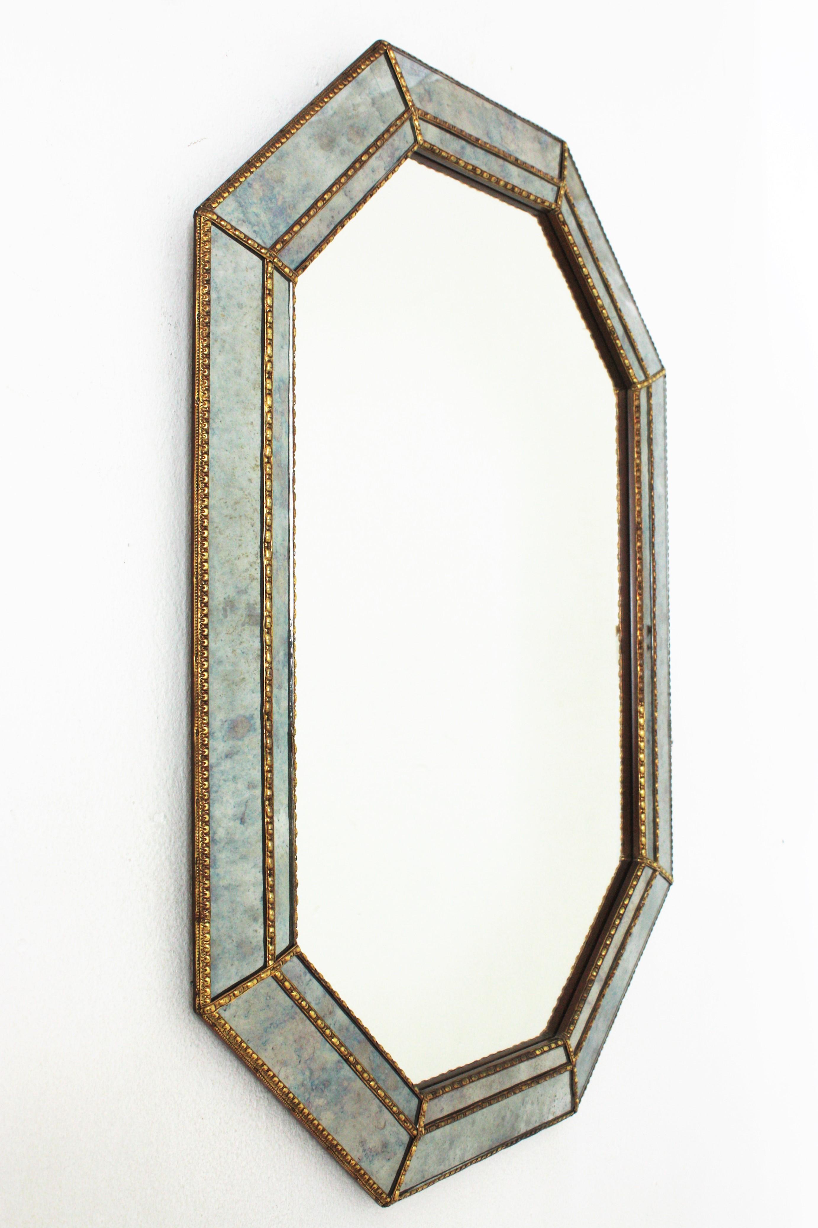 Spanish Octagonal Venetian Style Blue Mirror with Brass Details