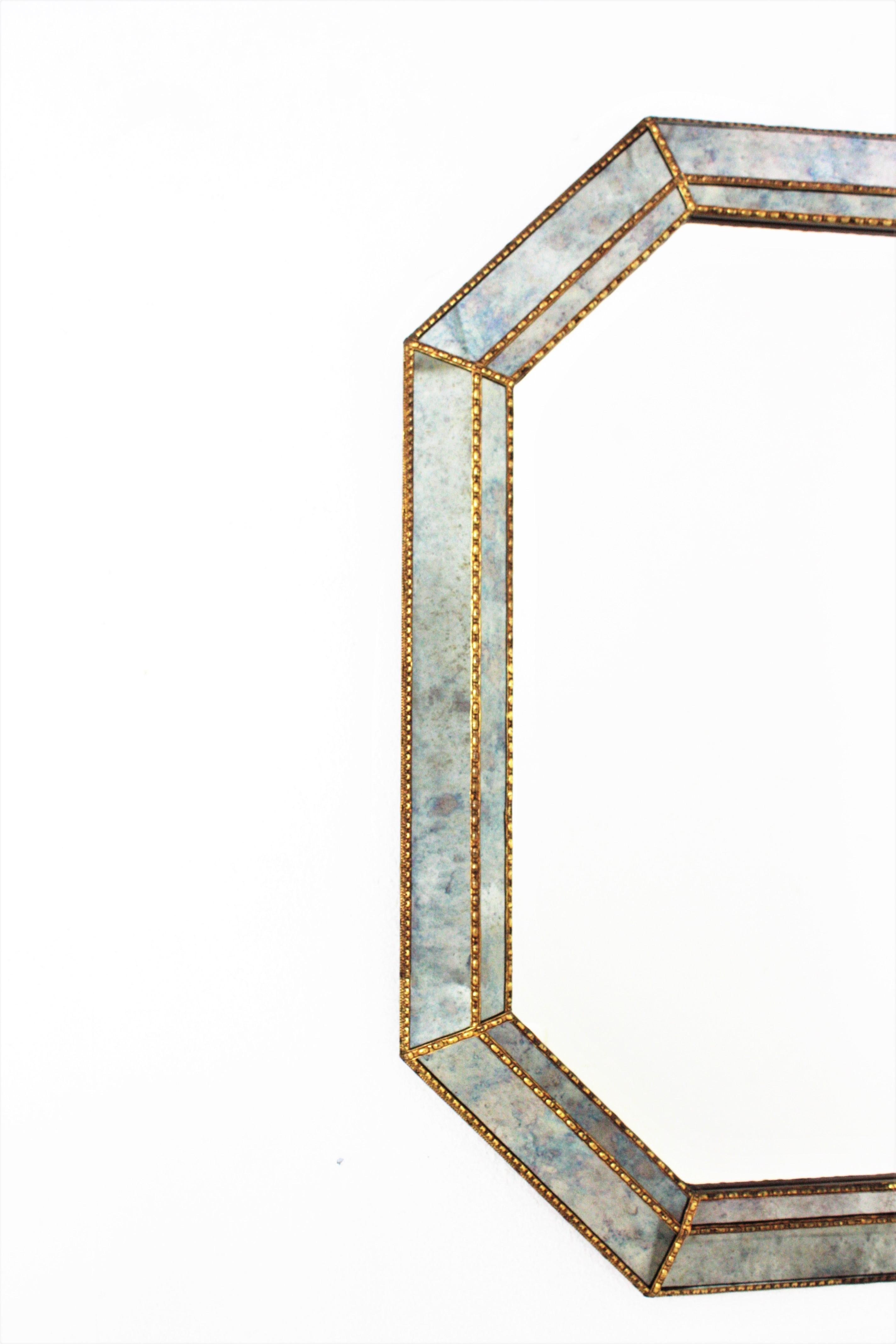 Hand-Crafted Octagonal Venetian Style Blue Mirror with Brass Details