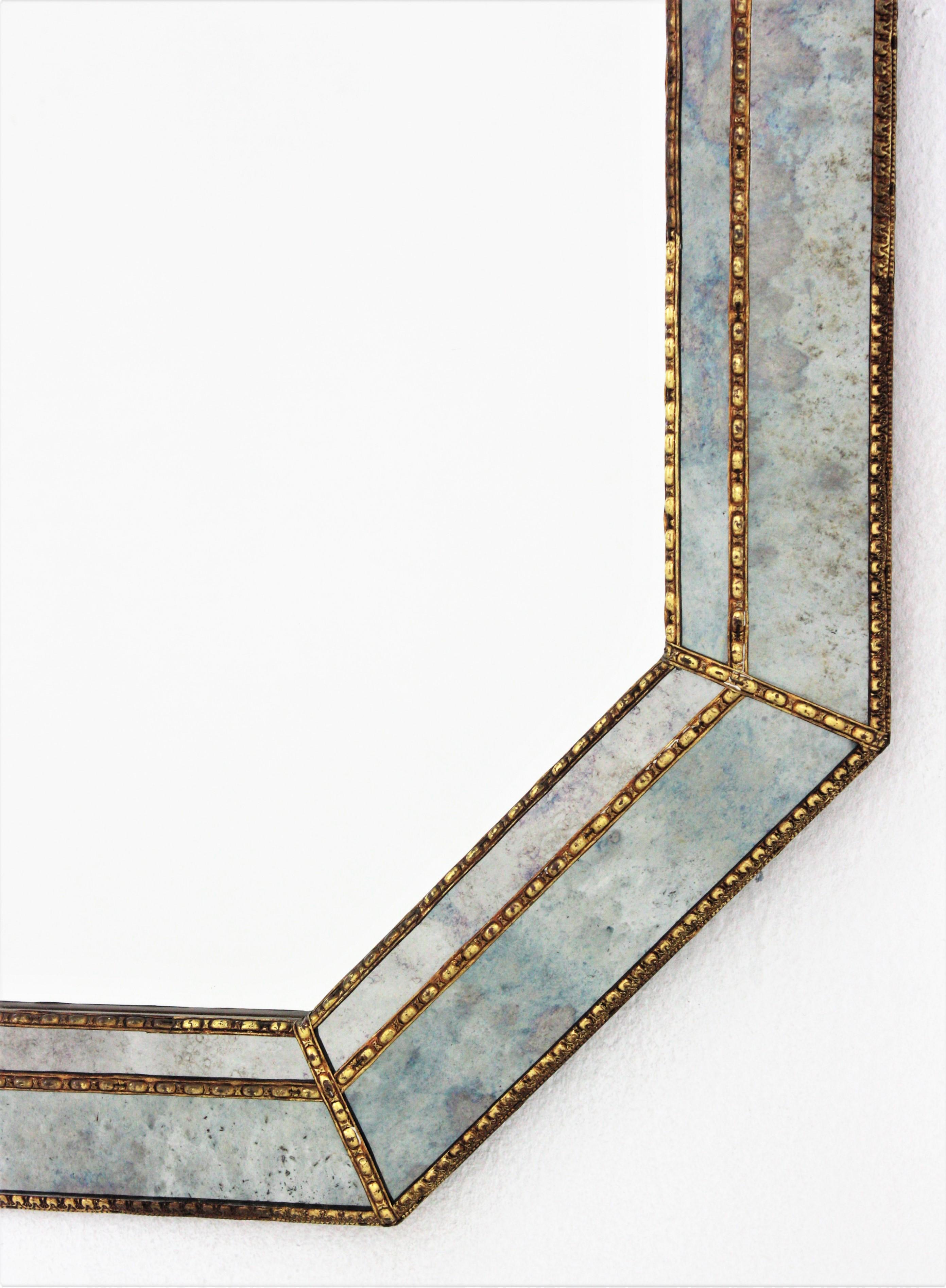 20th Century Octagonal Venetian Style Blue Mirror with Brass Details
