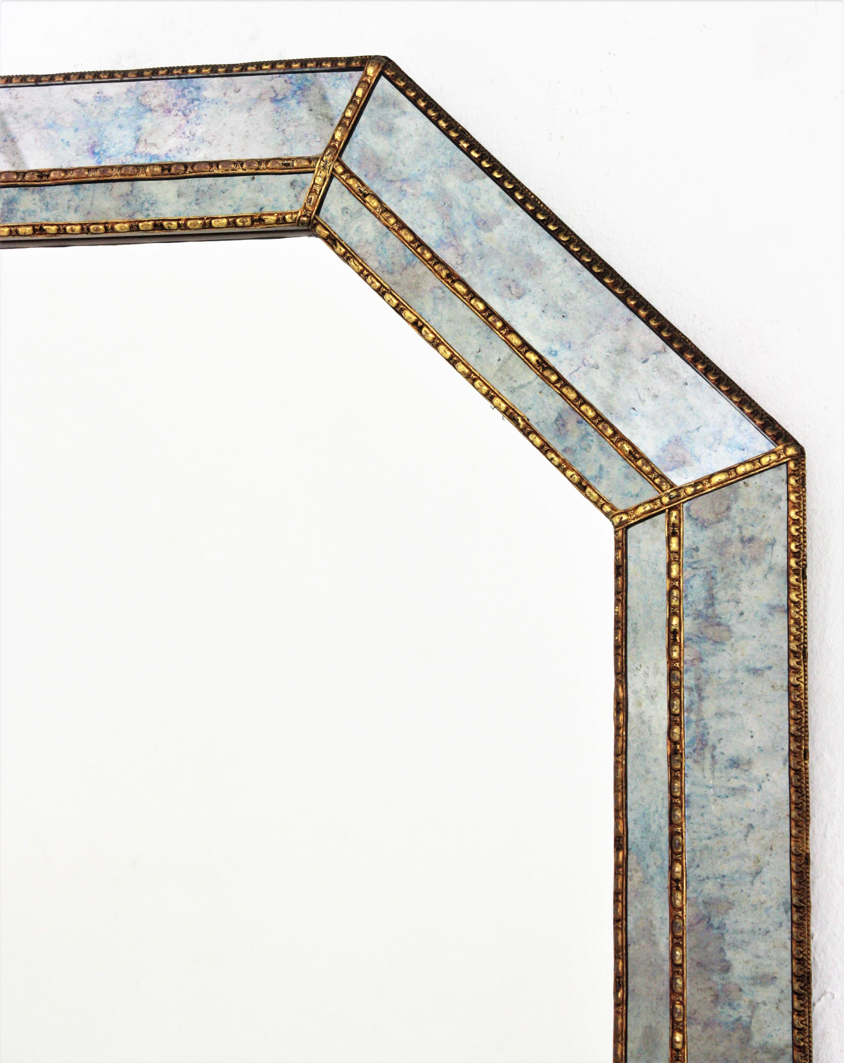 Metal Octagonal Venetian Style Blue Mirror with Brass Details