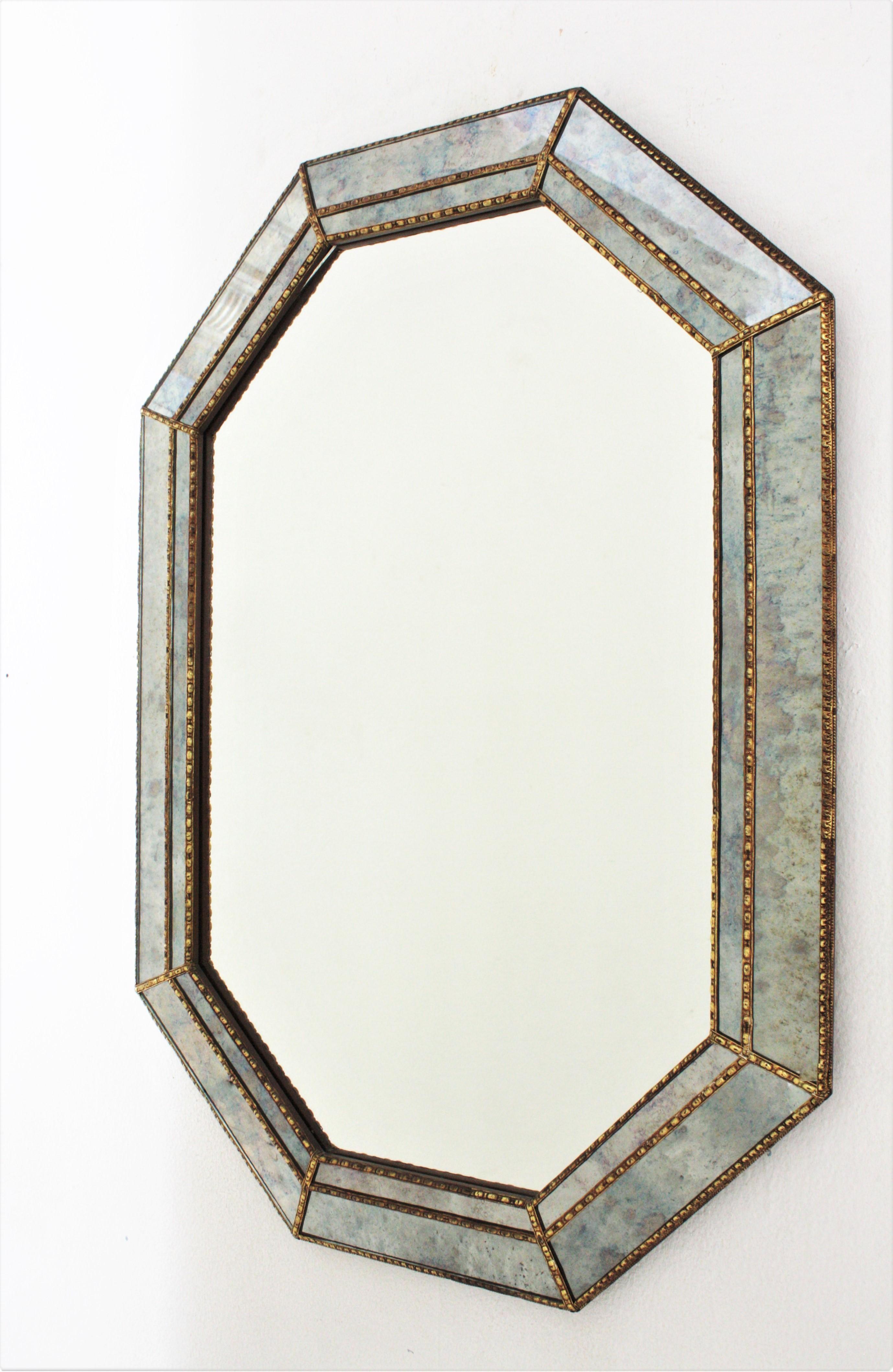 Octagonal Venetian Style Blue Mirror with Brass Details 1