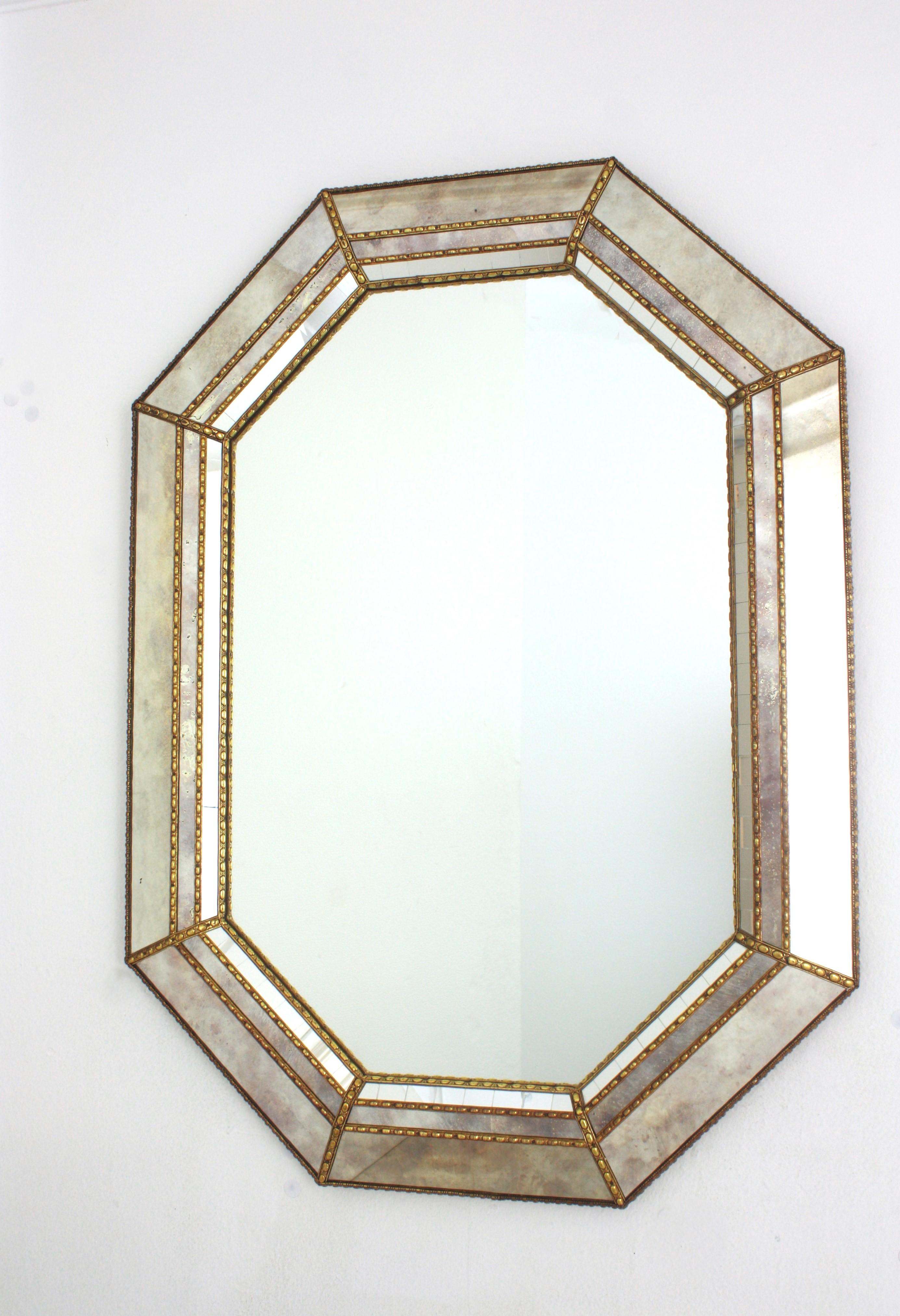 Octagonal Venetian Style Mirror, Golden Grey Glass Frame & Brass Details For Sale 2