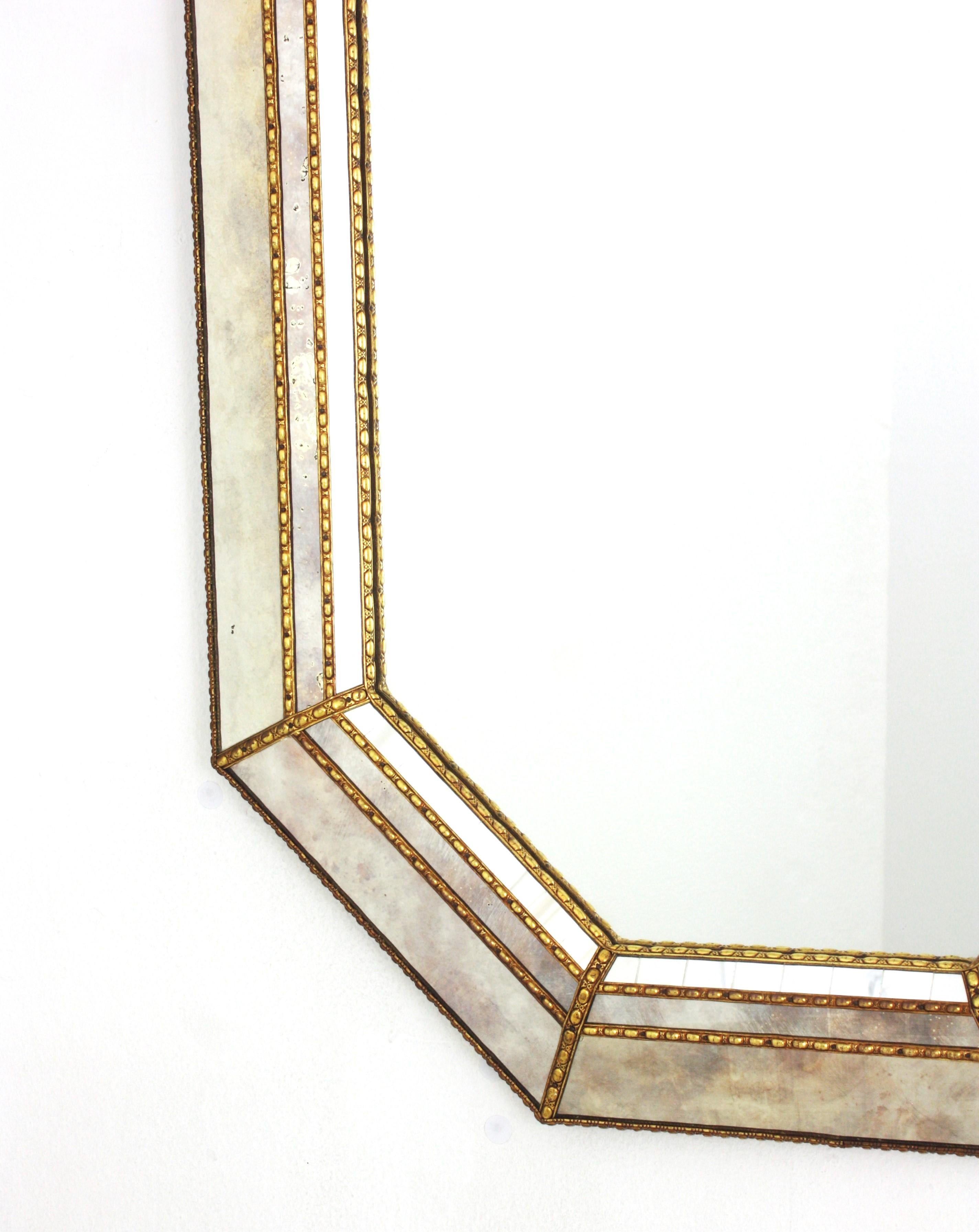 Octagonal Venetian Style Mirror, Golden Grey Glass Frame & Brass Details For Sale 3