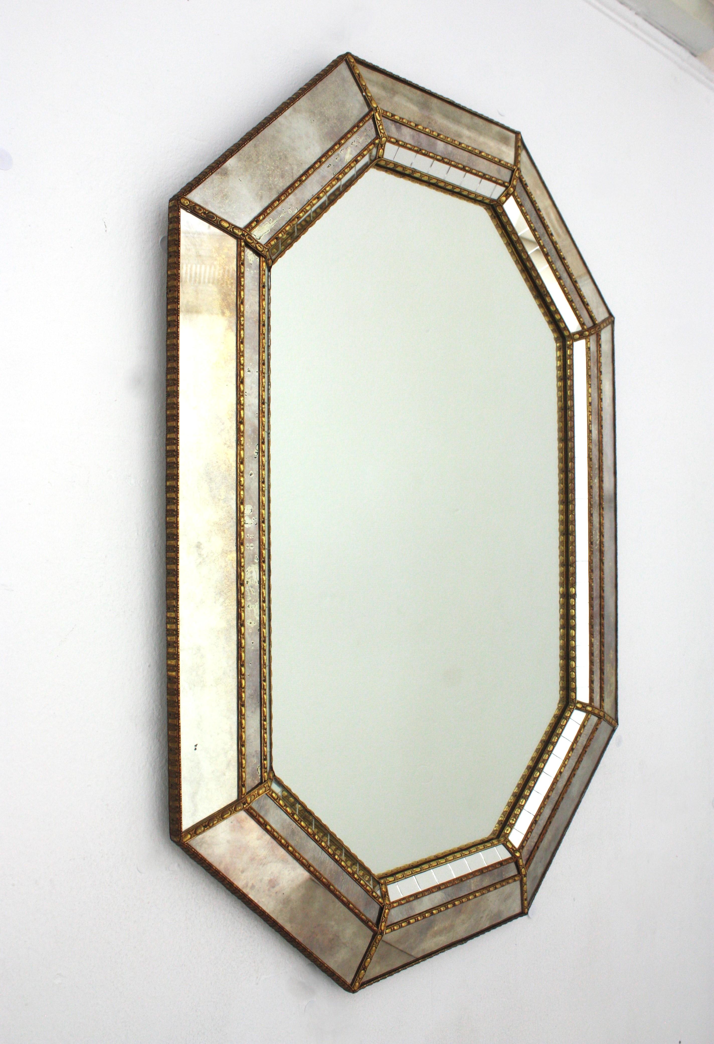 Spanish Octagonal Venetian Style Mirror, Golden Grey Glass Frame & Brass Details For Sale