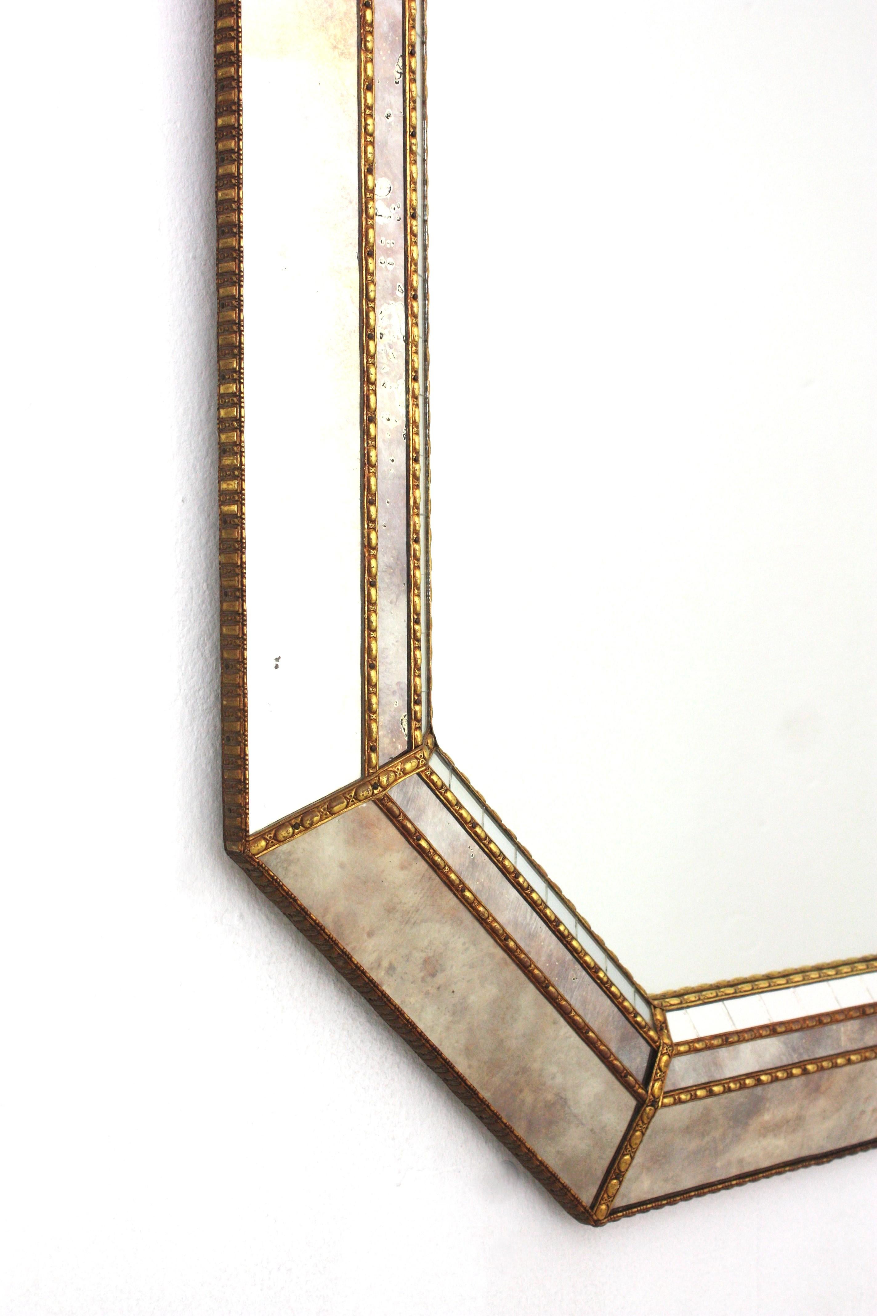 Hand-Crafted Octagonal Venetian Style Mirror, Golden Grey Glass Frame & Brass Details For Sale