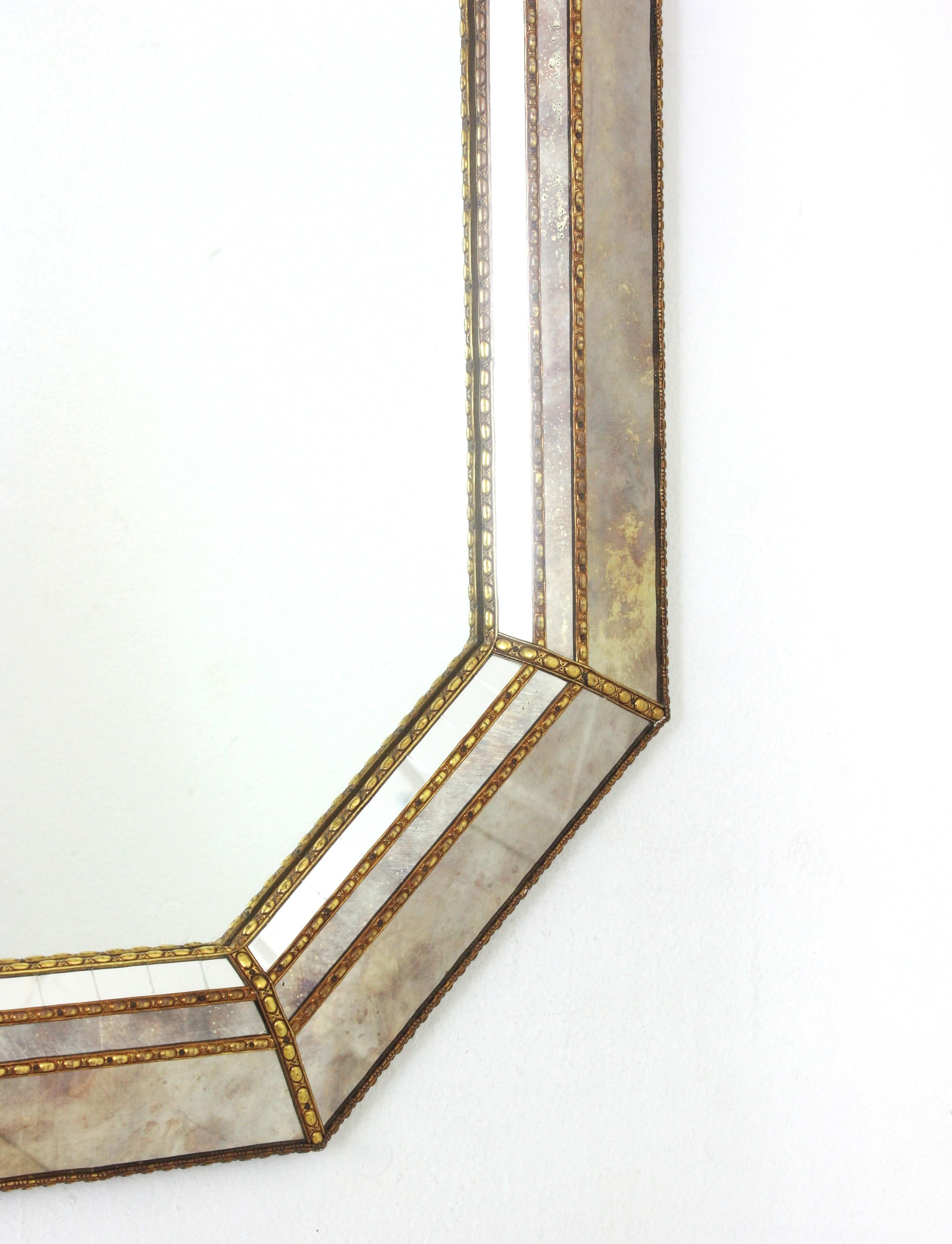 Metal Octagonal Venetian Style Mirror, Golden Grey Glass Frame & Brass Details For Sale