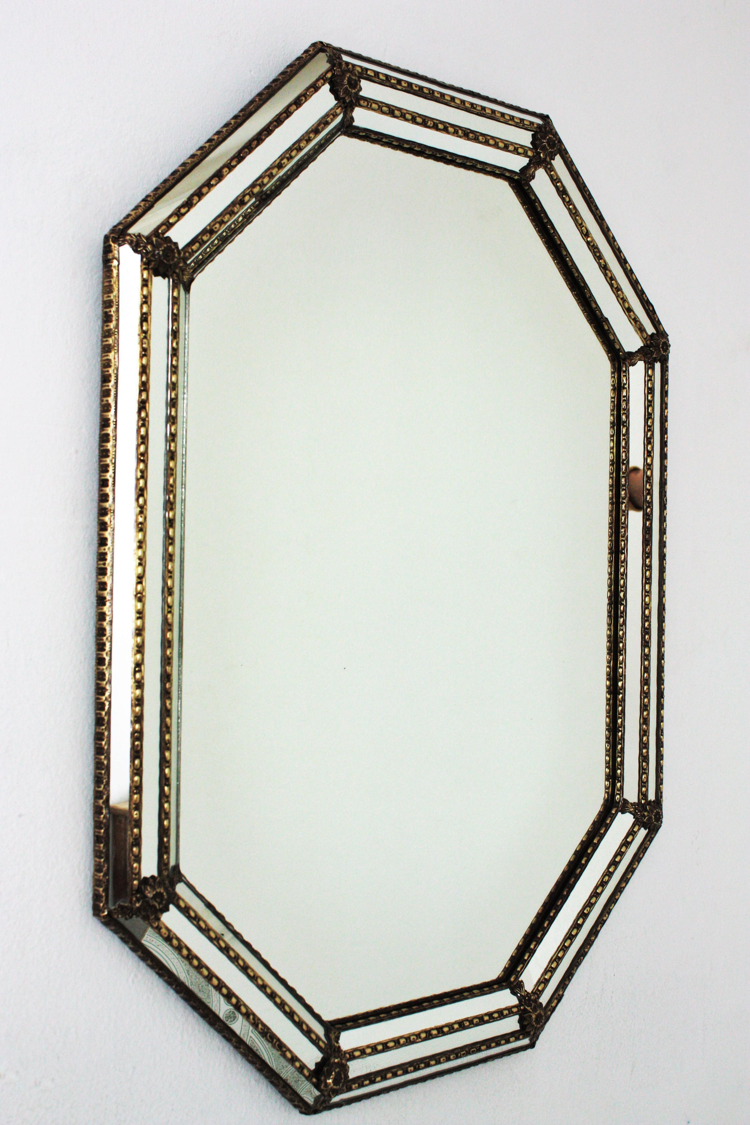 Hollywood Regency Octagonal Venetian Style Mirror with Brass Details