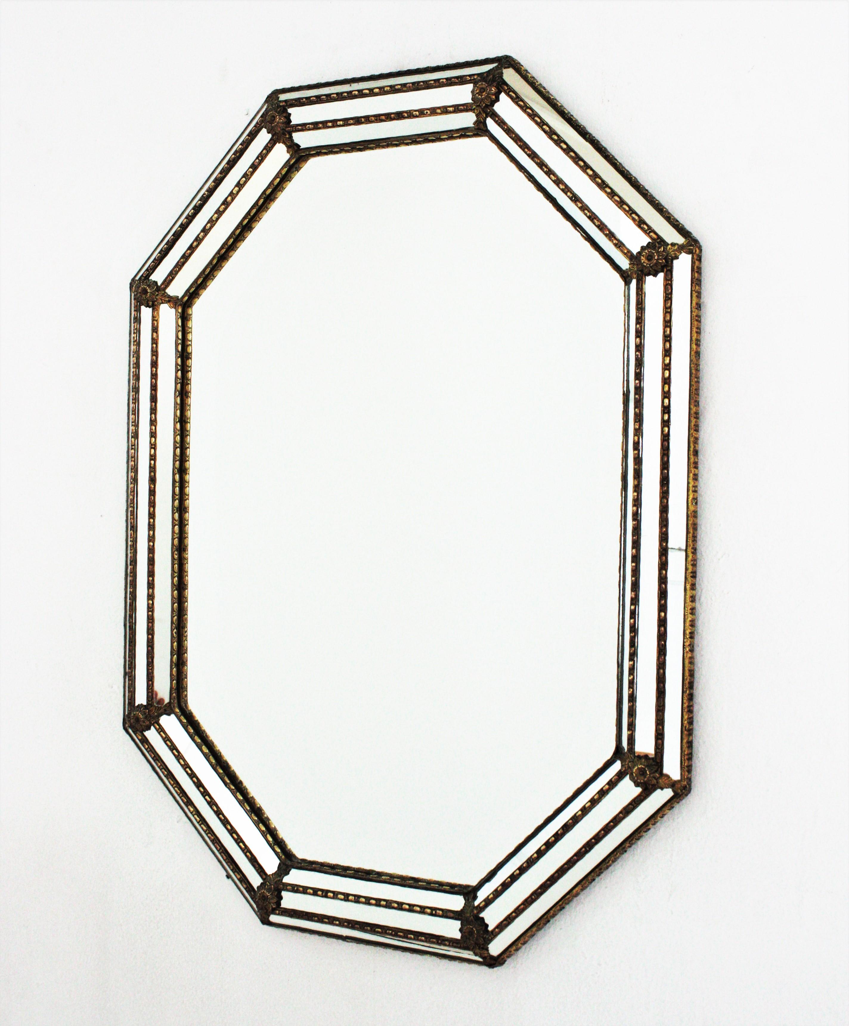 Hollywood Regency Octagonal Venetian Style Mirror with Brass Details