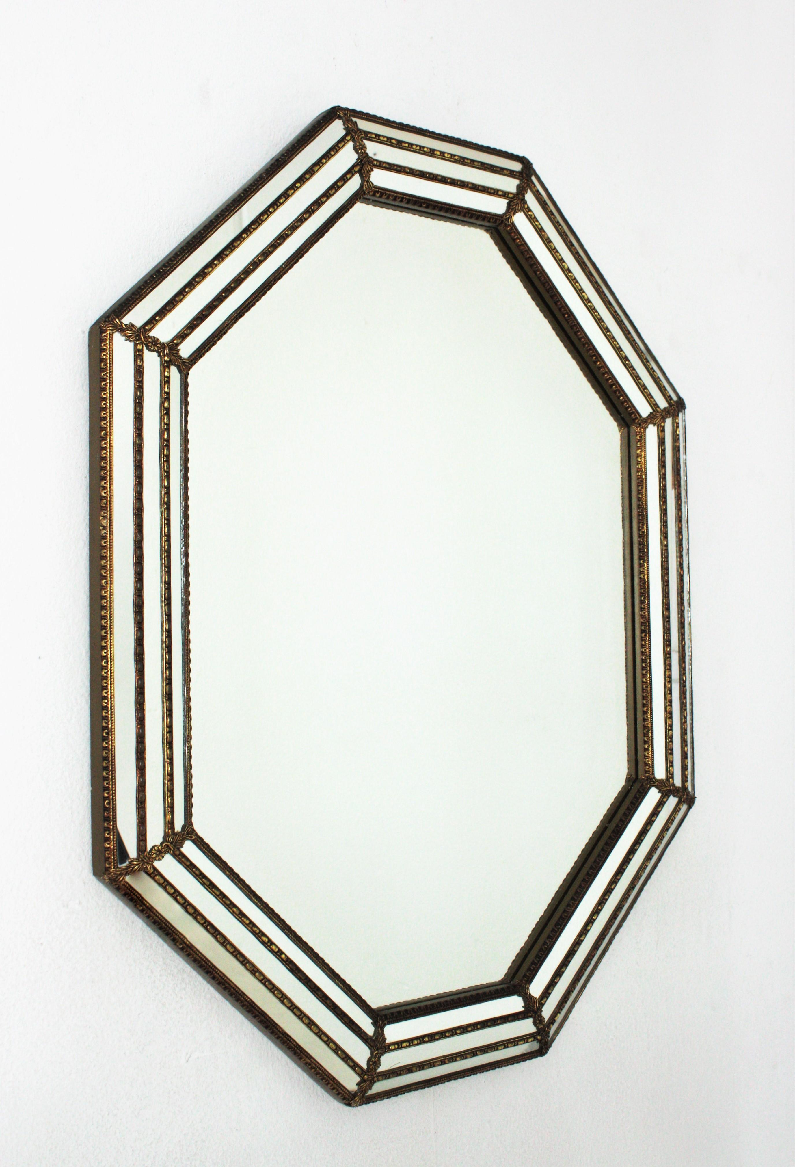 Mid-Century Modern Octagonal Venetian Style Mirror with Brass Details